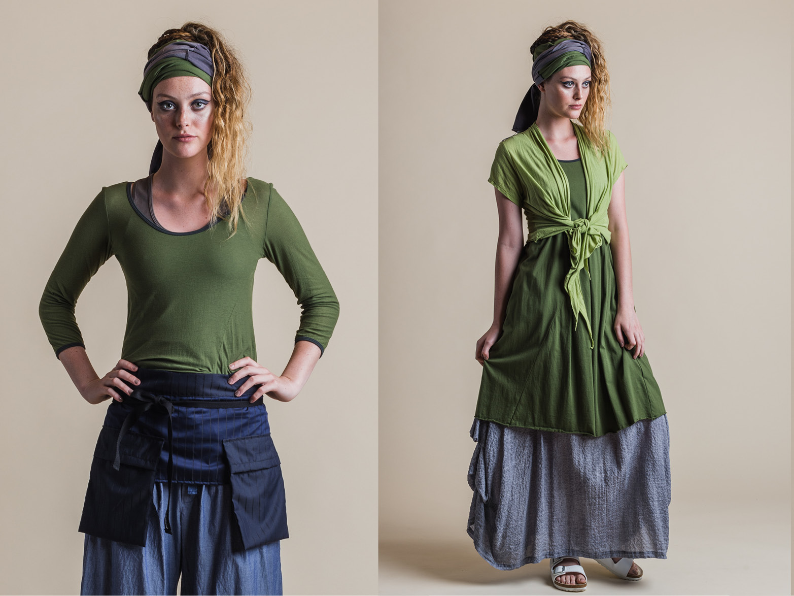 LEFT: ISADORA SINGLET, SWIVEL TOP, ADA PANT + POCKET BELT RIGHT: FAITH DRESS, QUIRK SHORT SLEEVE SHRUG + WILLOW SKIRT