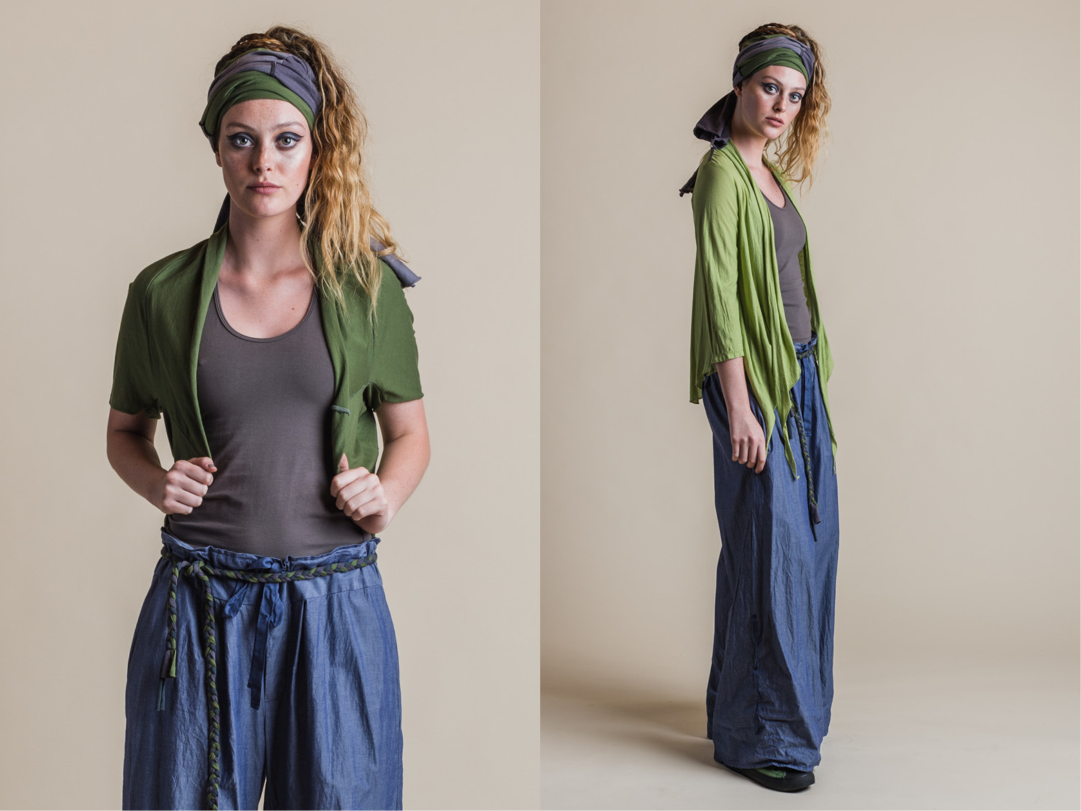 LEFT: ISADORA SINGLET, CLOVER SHRUG, ADA PANT + BRAID BELT RIGHT: ISADORA SINGLET, ADA PANT + QUIRK 3/4 SHRUG (ORGANIC SASH WORN AS HEAD WRAP)