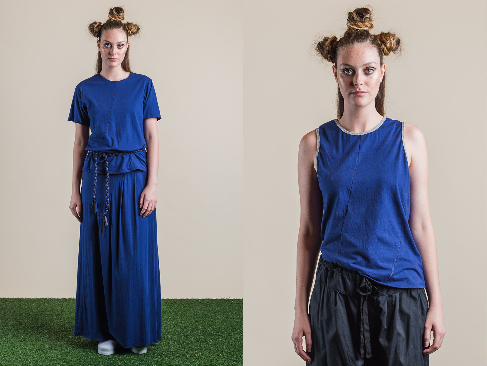 LEFT: PERLA TEE, FAITH SKIRT + BRAID BELT RIGHT: PERLA TANK + ADA PANT