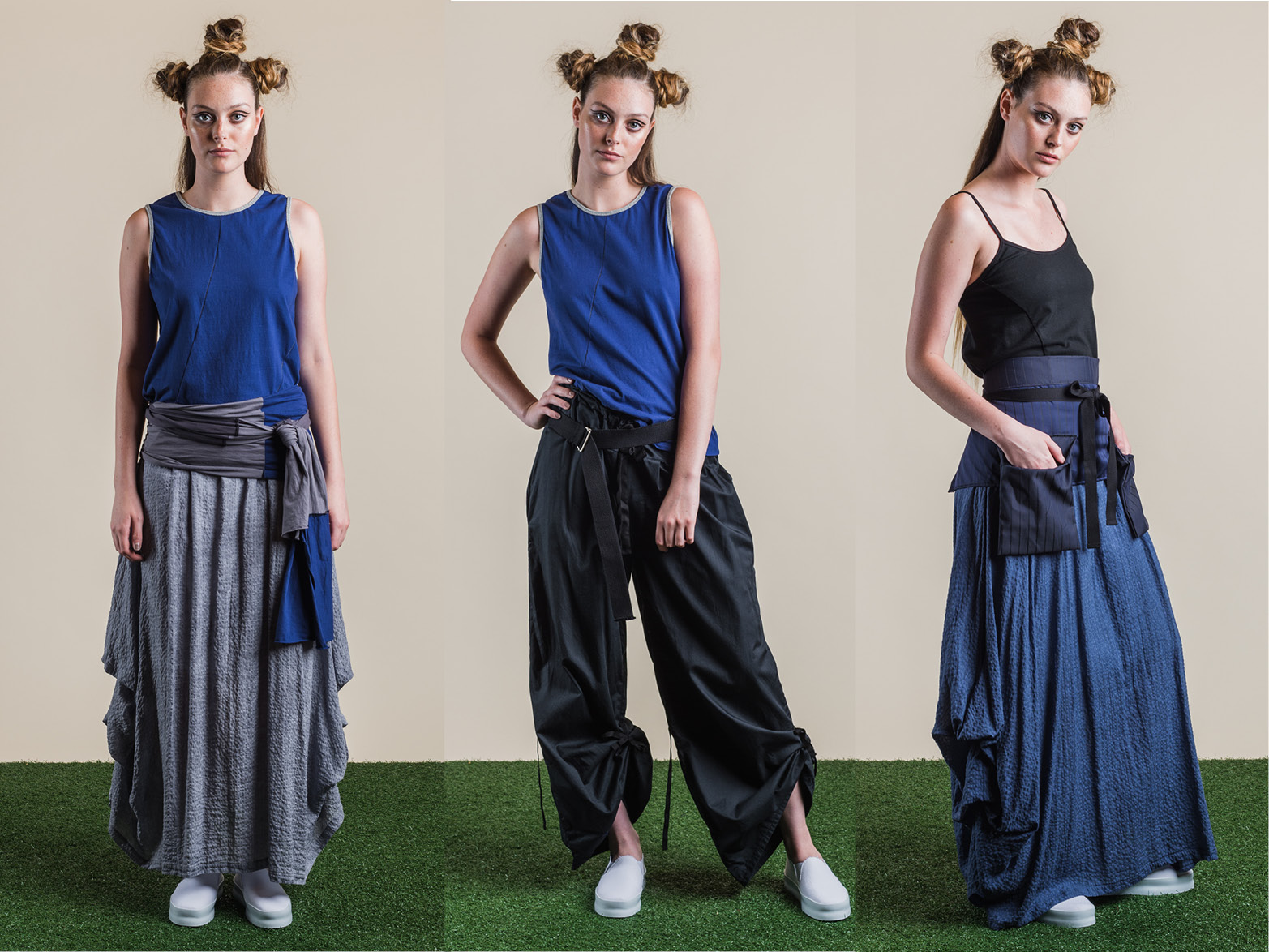 LEFT: PERLA TANK, WILLOW SKIRT+ ORGANIC SASH MIDDLE: PERLA TANK, ADA PANT + SLIDER BELT RIGHT: NASTURTIUM TOP, WILLOW SKIRT + POCKET BELT