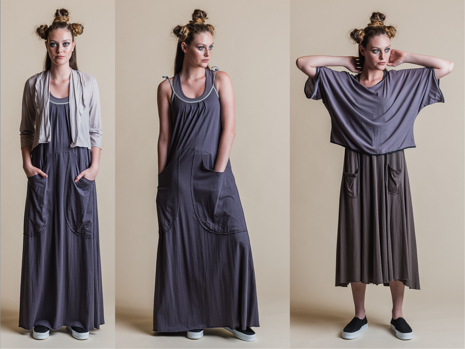 LEFT: ISADORA SINGLET, BRIANA MAXI DRESS + ESTER CARDI MIDDLE: ISADORA SINGLET + BRIANA MAXI DRESS RIGHT: DITA DRESS + PHOEBE TOP