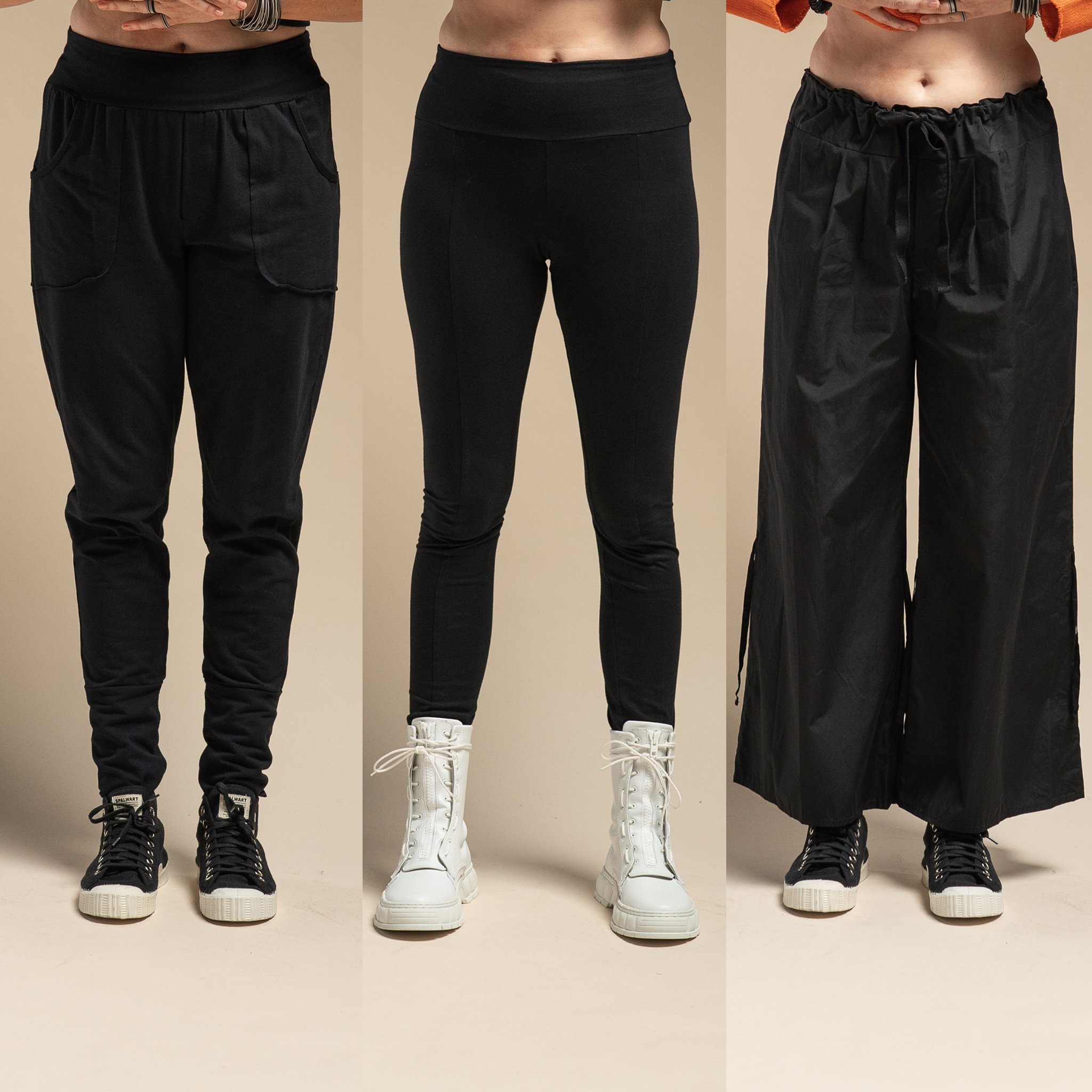 Left to Right: Parallel Pants, Path Long Legging, Ada Pant Black Supima Cotton