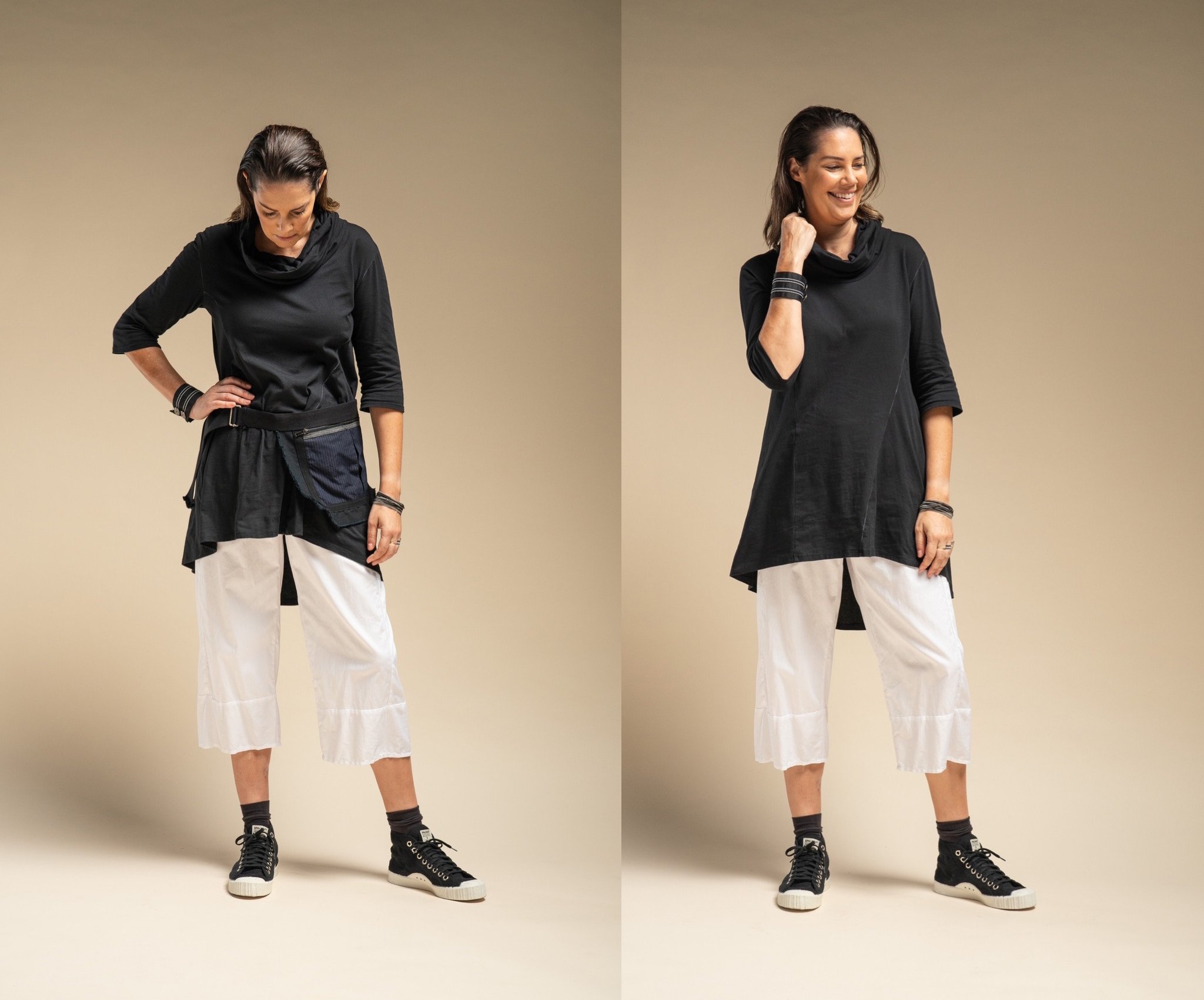 Astrid Tunic Black with Dayvan Pants White, with or without Milli belt 