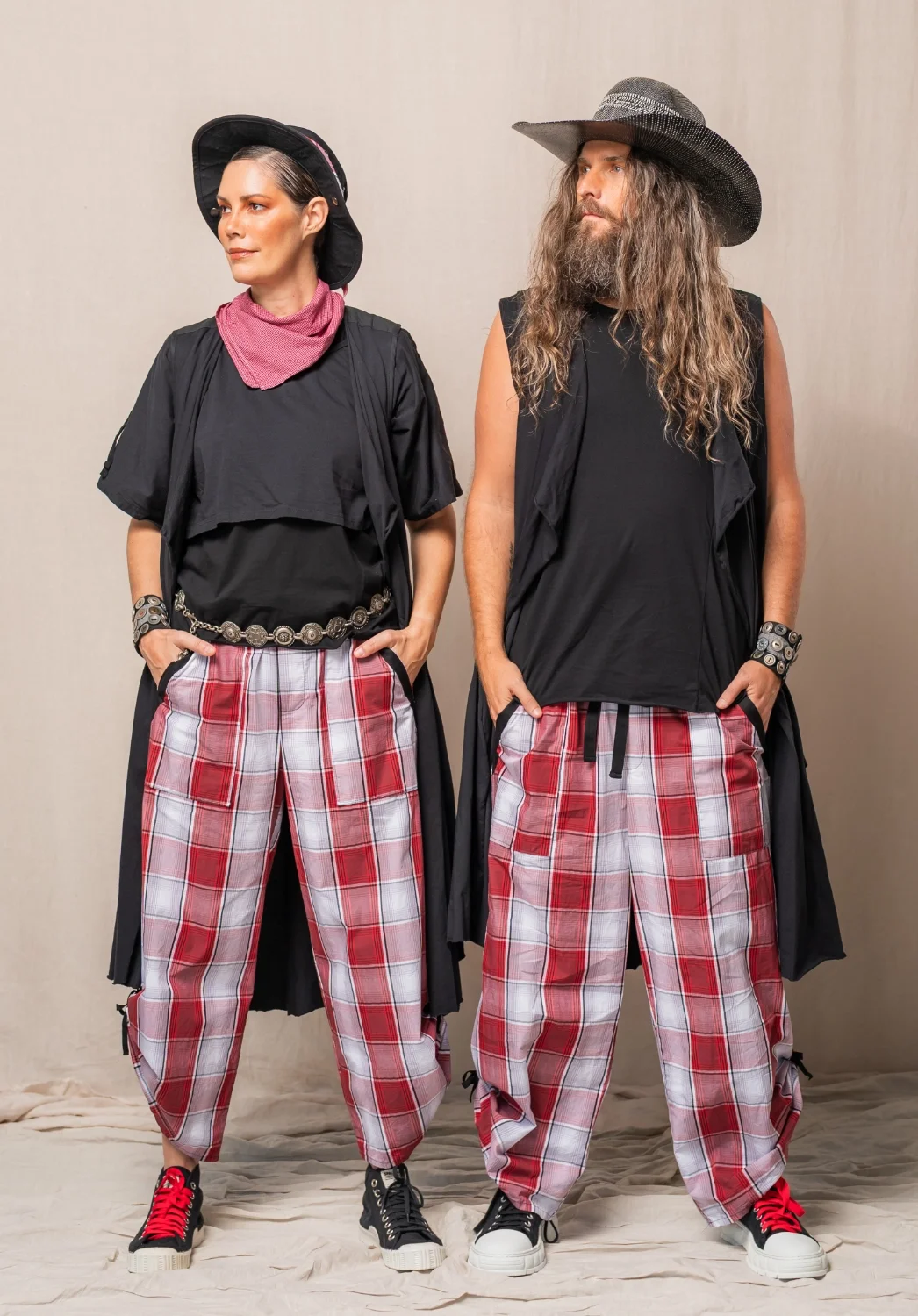Wanderer Vests - Archie + Aura Tops - Echo Pants - Red Mini Check Bandana