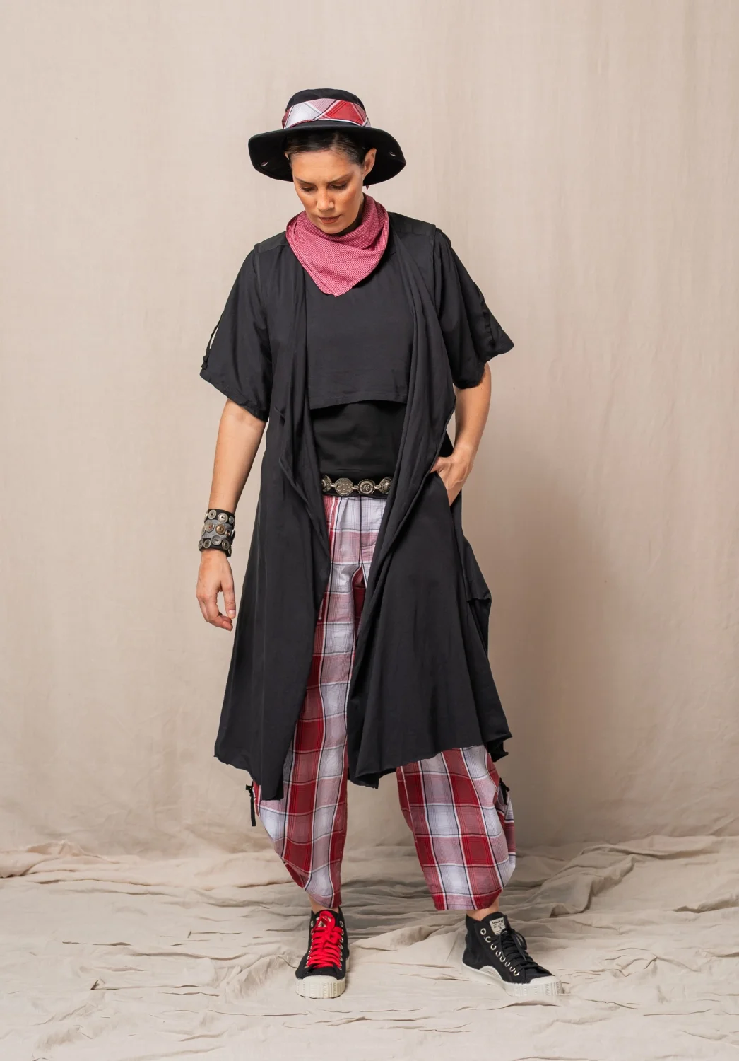 Wanderer Vest - Aura Top - Archie Tank - Echo Pants - Red Mini Check Bandana