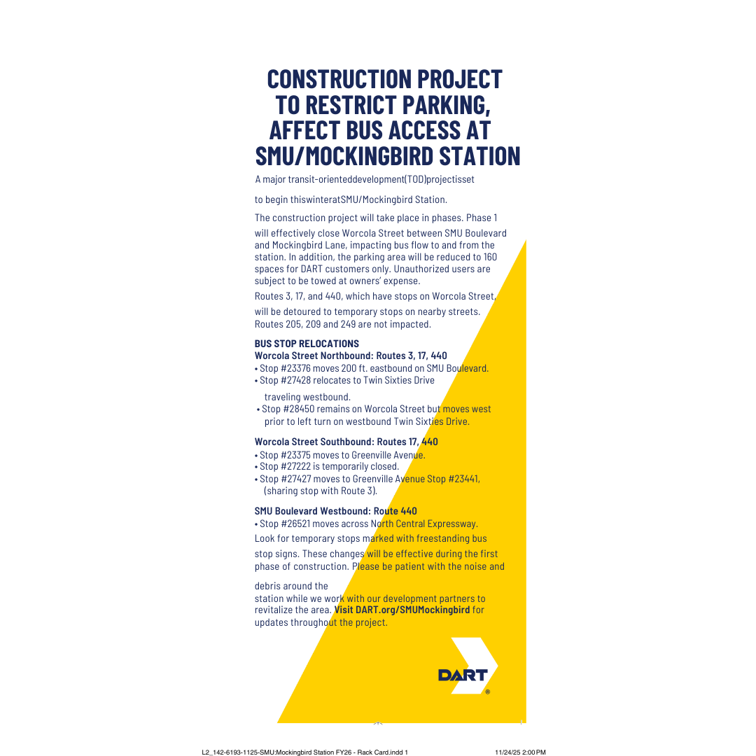 Mockingbird/SMU DART Station Construction Update - Rider Alert
