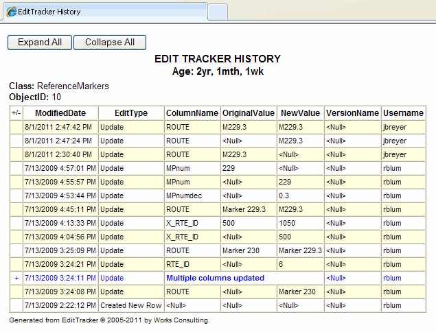 An HTML window displays the history of a feature or table row...