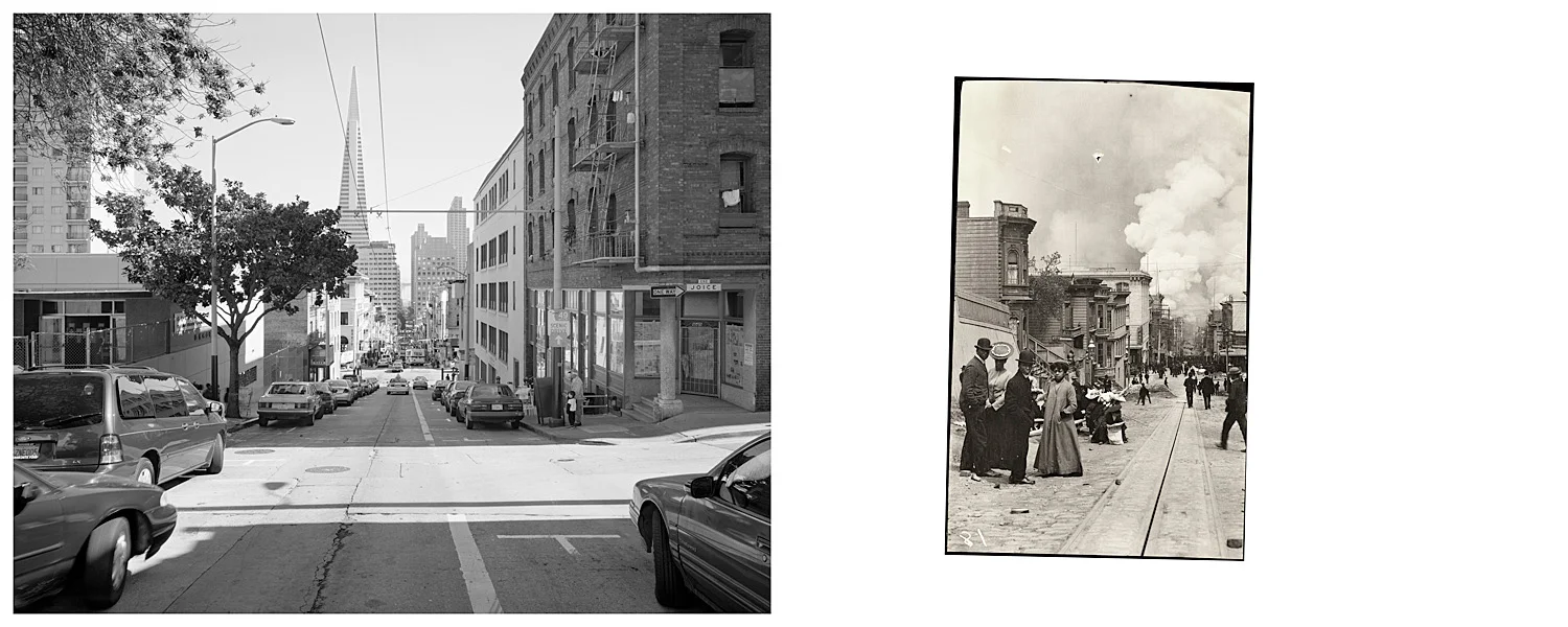 LEFT: Clay Street near old Chinatown, 2003 RIGHT: Untitled (burning San Francisco, looking east from Clay Street), 1906