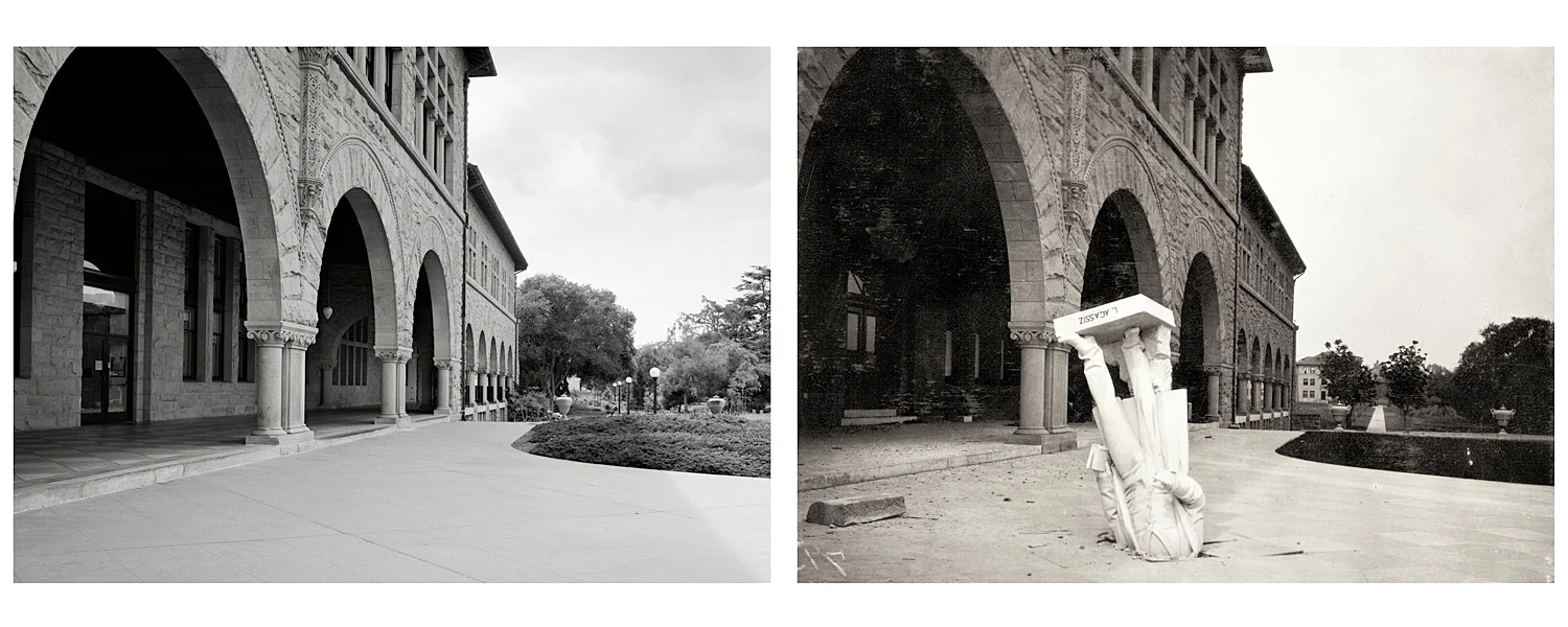LEFT: Walkway, Stanford University, 2003 RIGHT: Agassiz Statue at Stanford University, 1906
