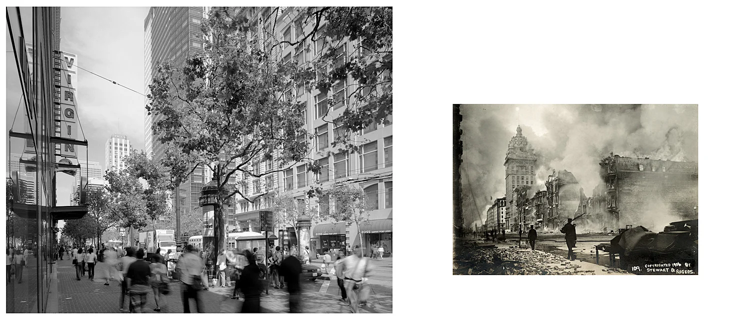 LEFT: The refurbished Call Building from the front of the Virgin Record Store, Market Street, 2003 RIGHT: Untitled, 1906