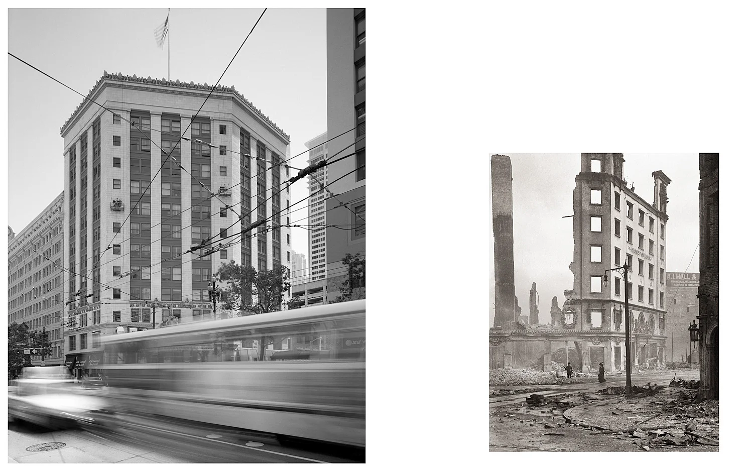 LEFT: Hearst Building, Market Street, 2003 RIGHT: Untitled (remains of Hearst Building at Market and Third Streets), 1906