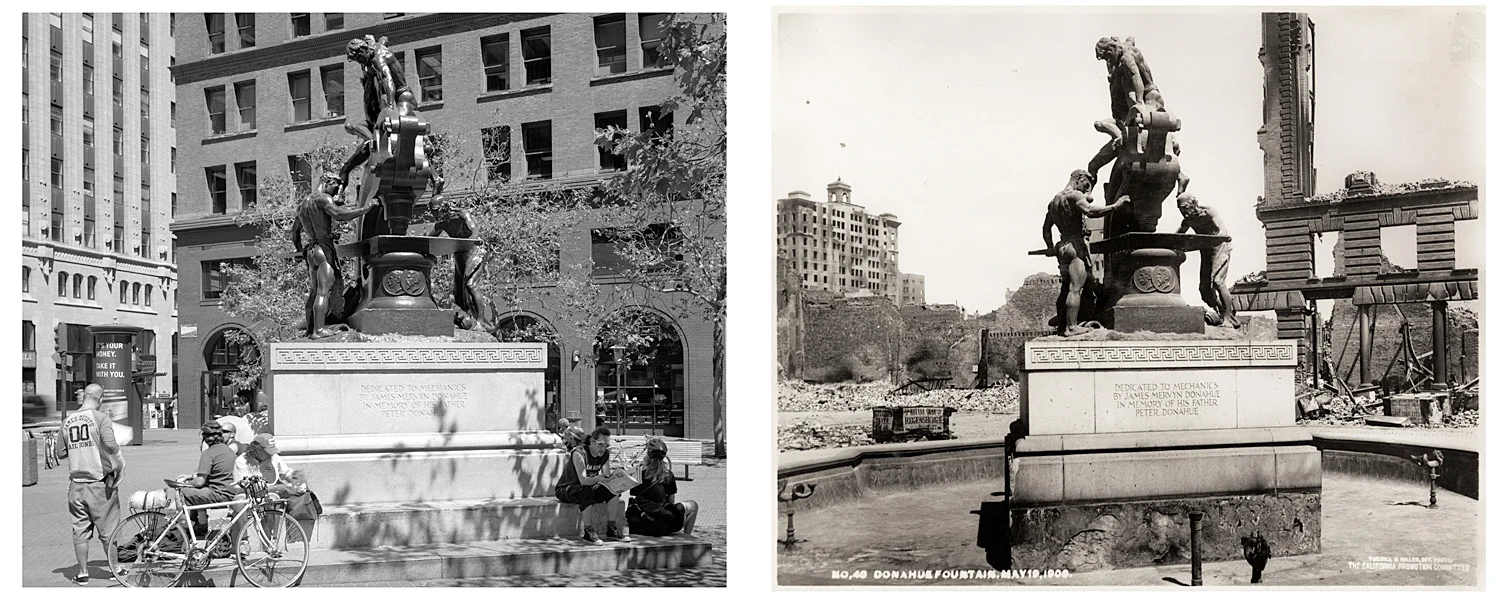 LEFT: Bike messinger hangout, Donahue Memorial, Market Street and Battery, 2003 RIGHT: Donahue Fountain, May 19, 1906