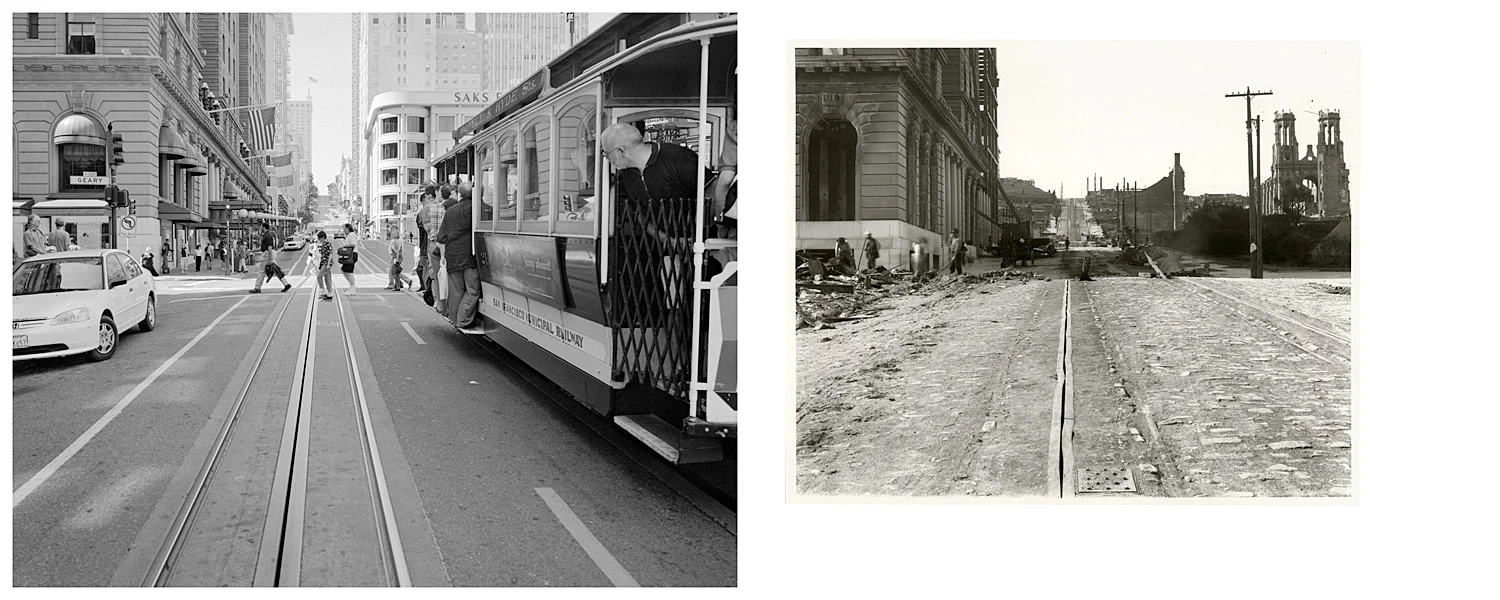 LEFT: Cable car line, corner of Geary and Powell Streets, 2003 RIGHT: Powell St. near Geary, fire effect, 1906