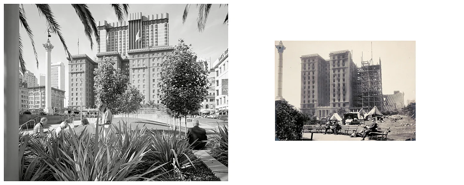LEFT: Lunch time, Union Square and the St Francis Hotel, looking west, 2003 RIGHT: Untitled, 1906