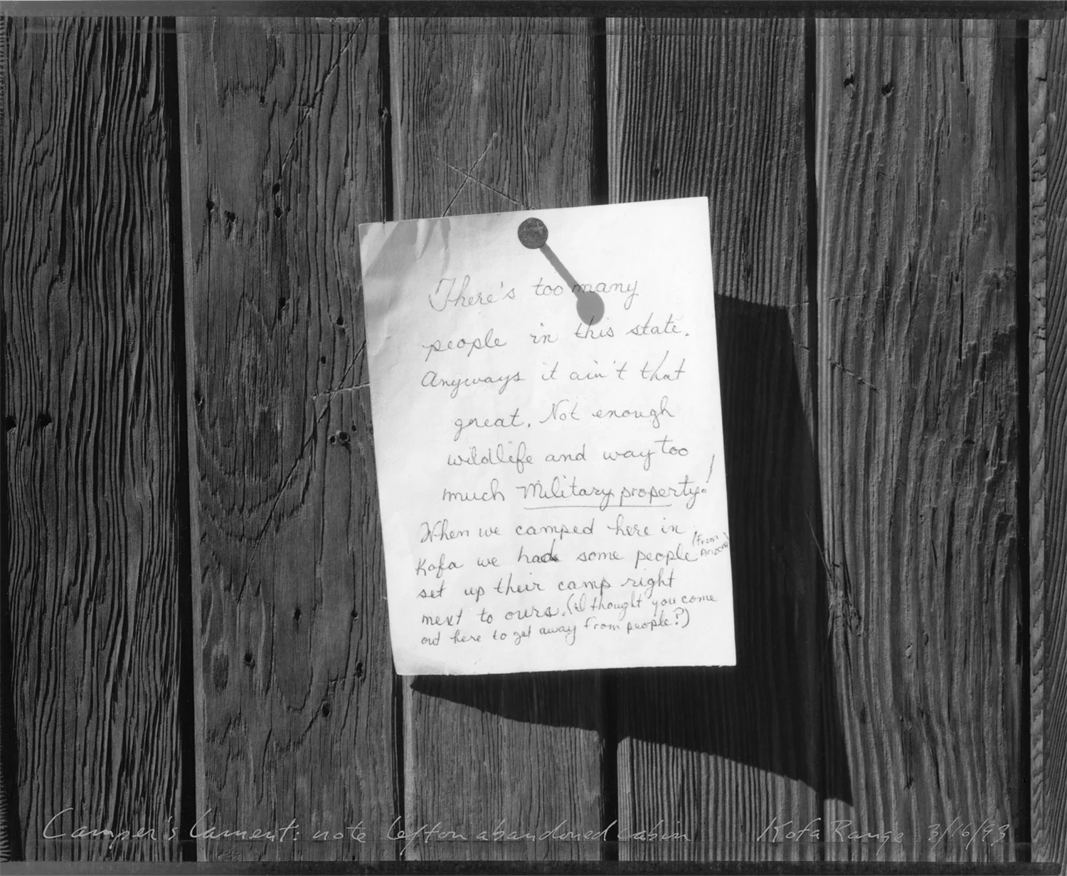 Camper's lament, note left on abandoned cabin, Kofa Range, 1993