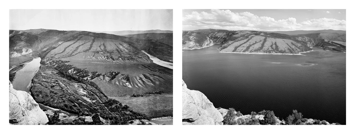 LEFT: Timothy O'Sullivan, Green River Cañon, Great Bend, 1872 RIGHT: Mark Klett for the Rephotographic Survey Project, Flaming Gorge Reservoir, 1978