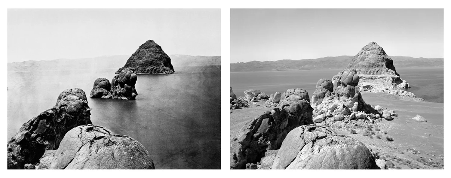 LEFT: Timothy O'Sullivan, Rock formations, Pyramid Lake, 1867 RIGHT: Mark Klett for the Rephotographic Survey Project, Pyramid Isle, Pyramid Lake, NV, 1979