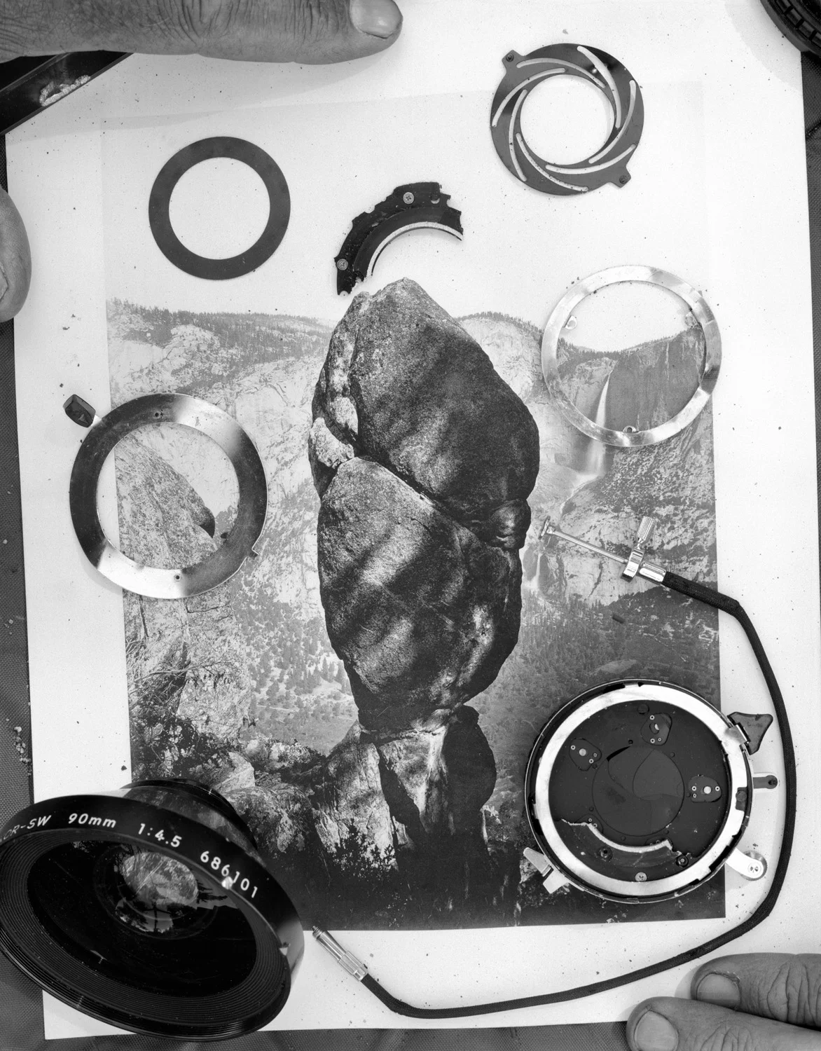 Last picture of the project, August 15, 2003: all that was left of a lens that fell down an avalanche chute during an attempt to rephotograph Agassiz Rock