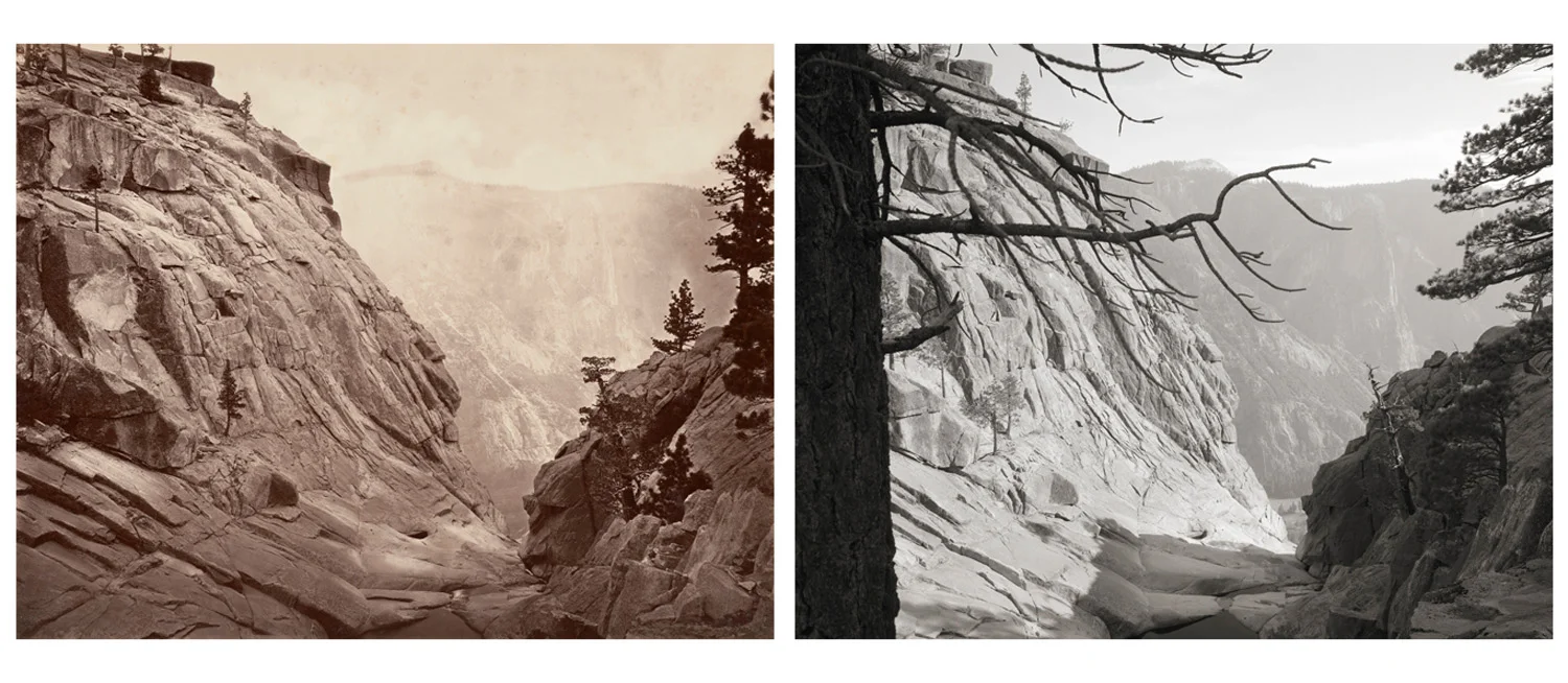 LEFT: Eadweard Muybridge, Yosemite Creek, Summit of Falls at low water, No. 44, 1872 RIGHT: Mark Klett and Byron Wolfe, Yosemite Creek at the summit of the falls, in the dry season, 2002