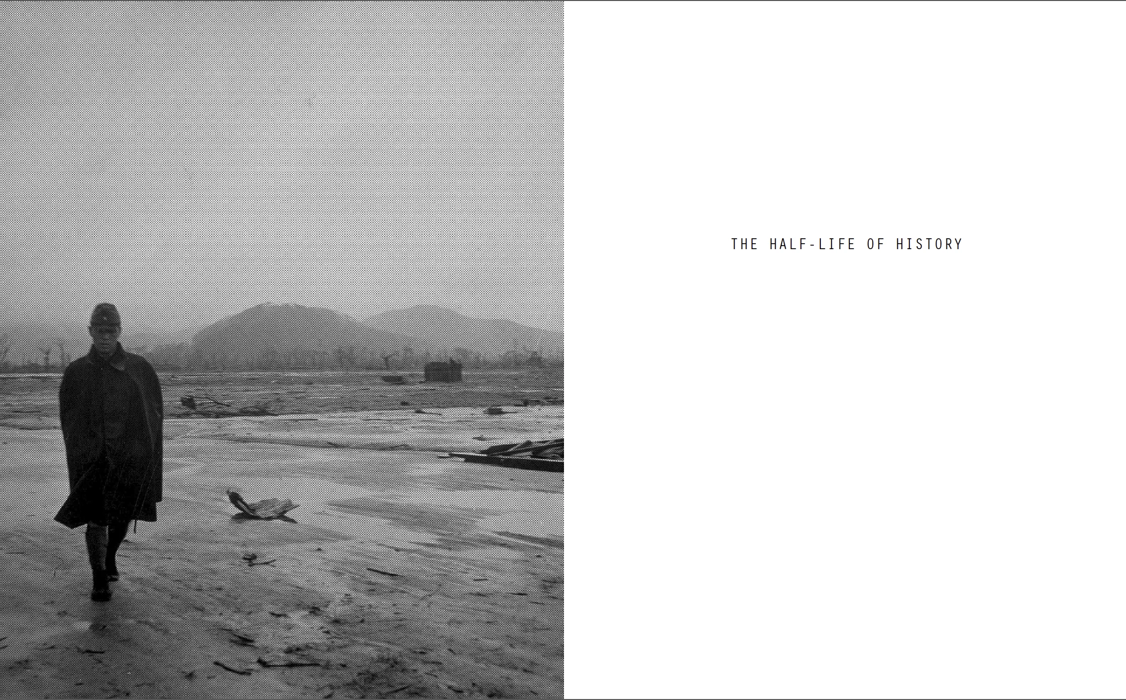Japanese soldier walks through leveled area, Hiroshima