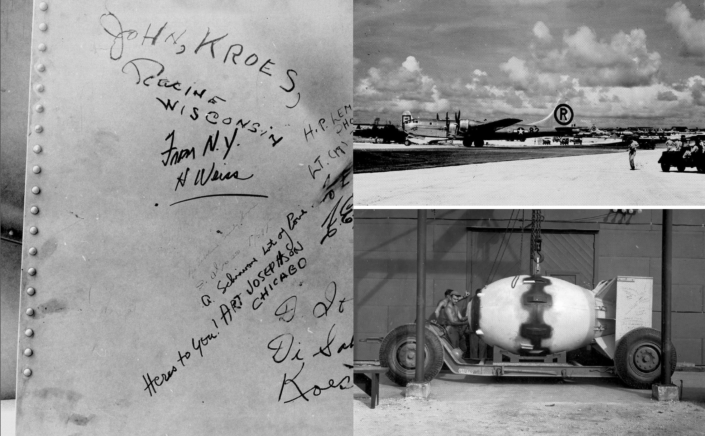 Names on atomic bomb "Fat Man;" Enola Gay after dropping atomic bomb; Atomic bomb being prepared 1945