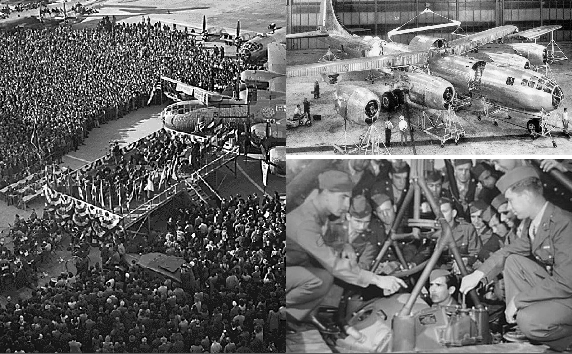 Bomber dedication; B29 bomber under construction; Gunnery crew training ca 1944