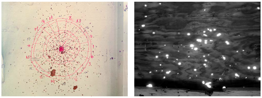 Makeshift dartboard, barracks building; Bullet holes in plywood covering a window the once secured bombsights