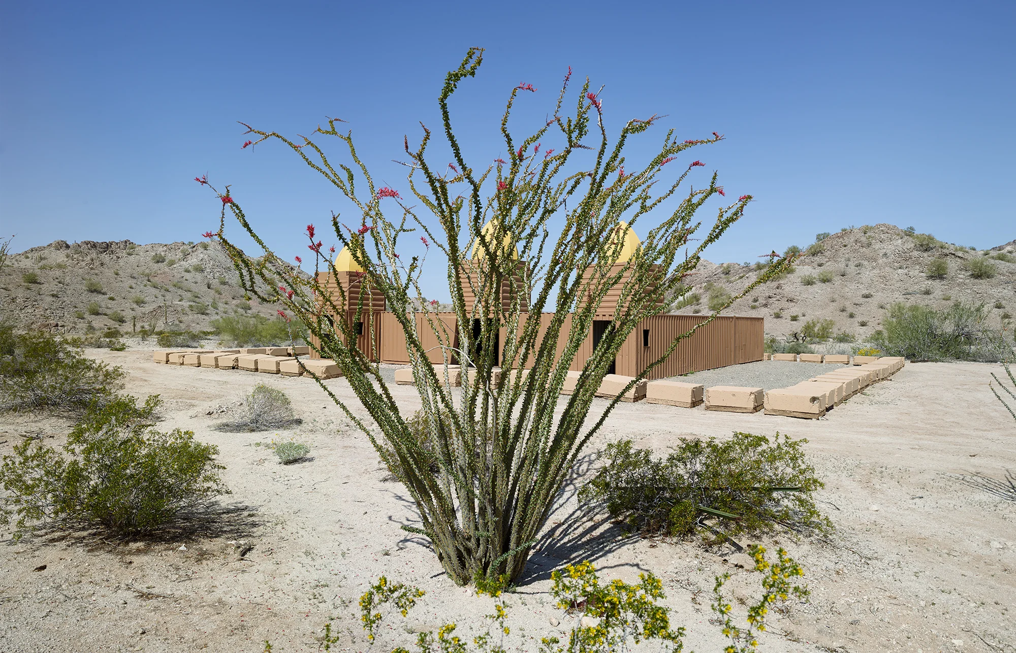 Ocotillo and Mosque made from shipping containers, “Combat Village,” Marine Training Camp in the Copper Mountains, 2013