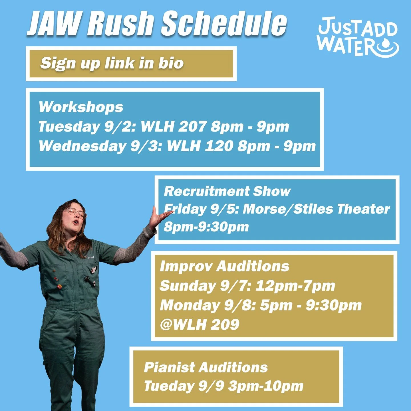 Sign up link in bio...
JAW Rush has begun!!! We have workshops, a recruitment show, and auditions for improvisors and pianists. 

Come have fun with us!! We don't expect ANY improv or musical experience at auditions. In fact, many members of our grou