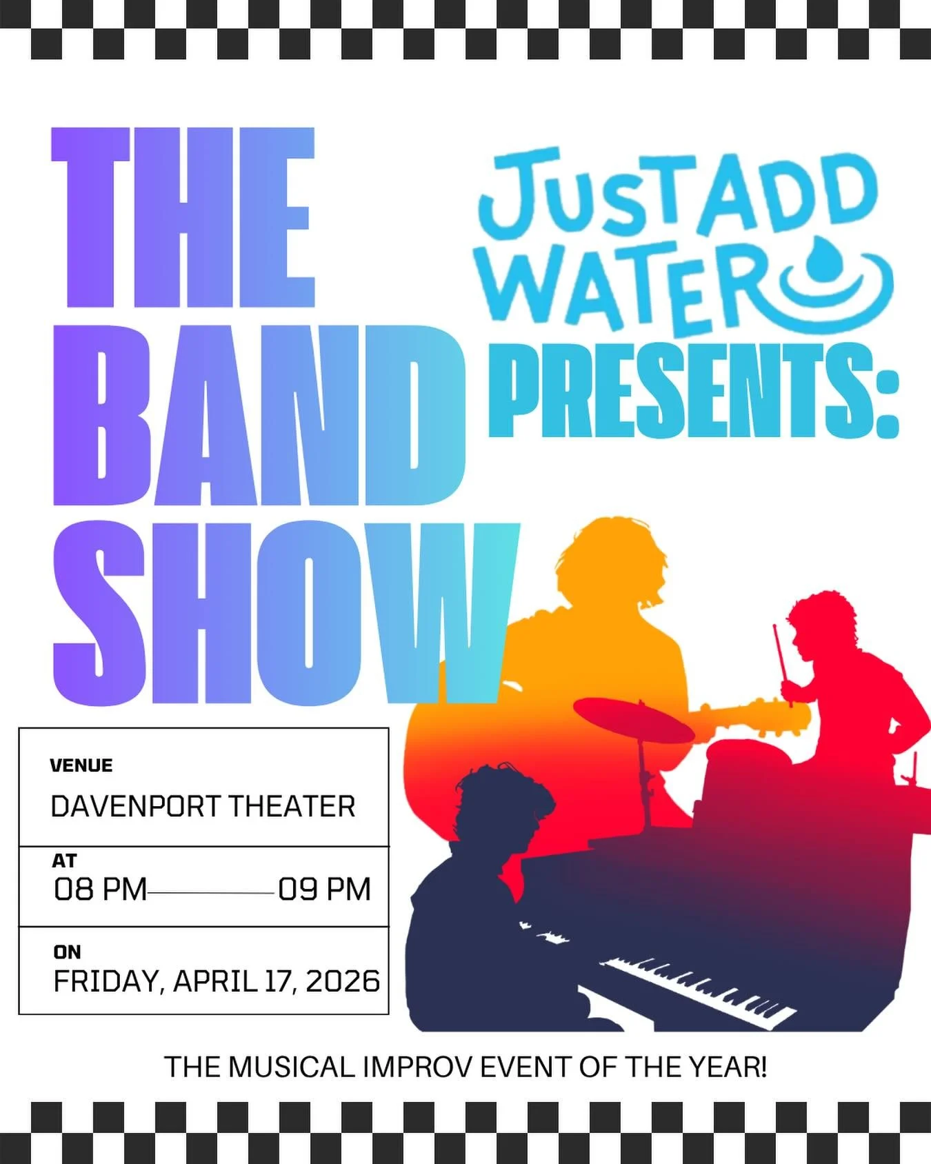 THE BAND SHOW HAS ARRIVED! A night of merriment, live music, and laughs guaranteed. See you there!
&mdash;&mdash;&mdash;&mdash;&mdash;&mdash;&mdash;&mdash;&mdash;
💦 THE BAND SHOW
🌊Friday Apr. 17, 8 PM, Davenport Theater 
🎟️Free Admission!