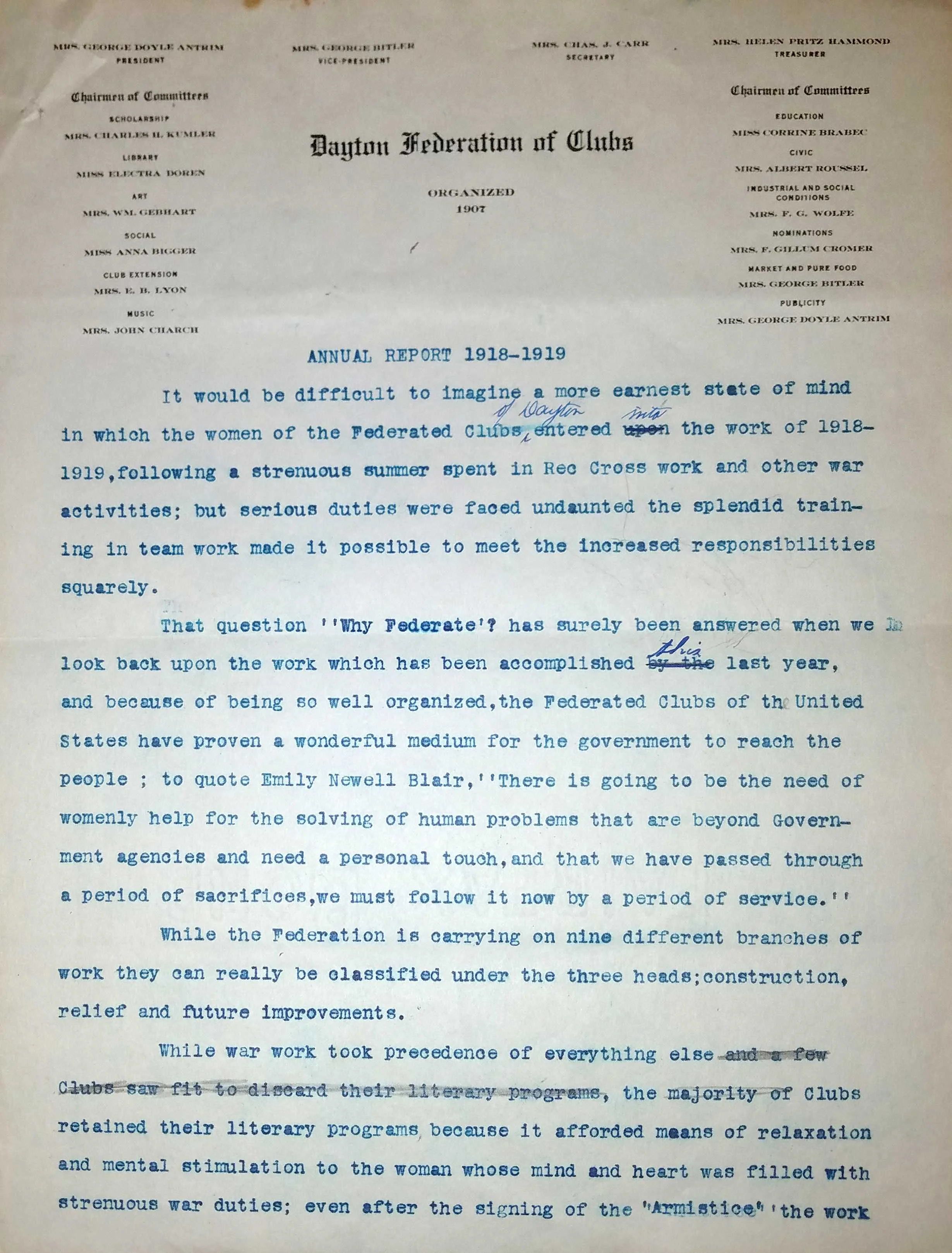 Page 1 of the Dayton Federation of Women’s Clubs Annual Report, 1918-1919. Image courtesy of the Wright State University Special Collections and Archives.