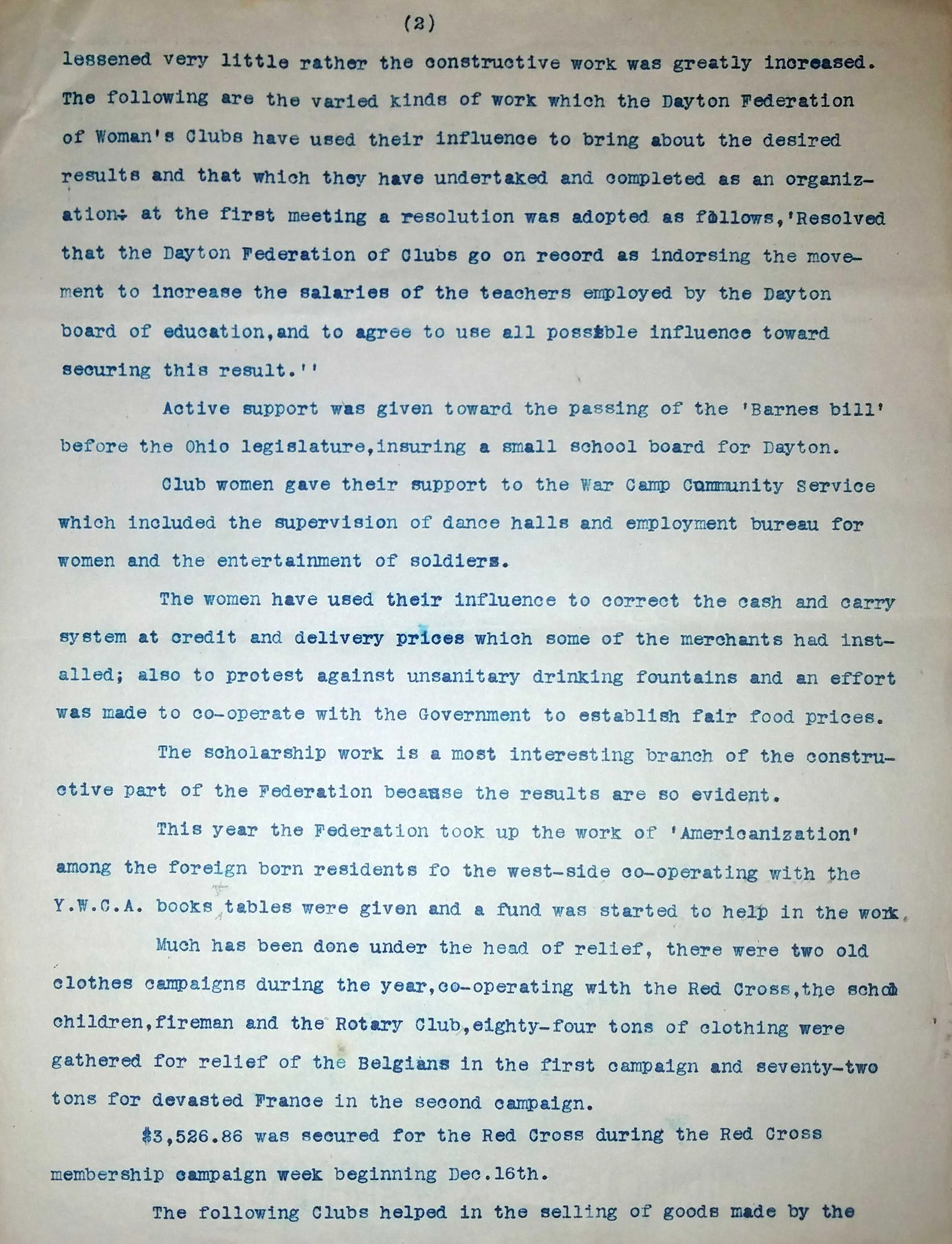 Page 2 of the Dayton Federation of Women’s Clubs Annual Report, 1918-1919. Image courtesy of the Wright State University Special Collections and Archives.