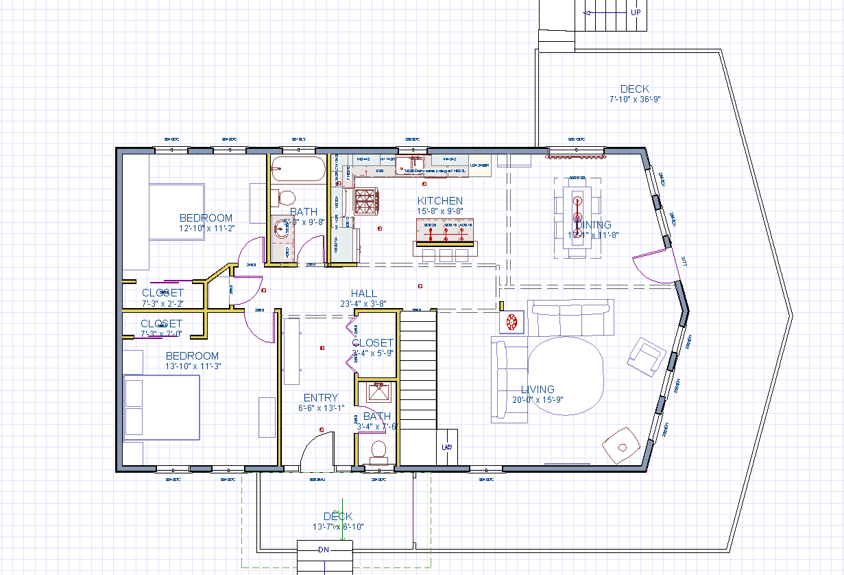 1st floor of the house plan. A large great room with a glass front wood stove will be the main hangout area. Note the large wrap around deck connected to the front entry porch. 