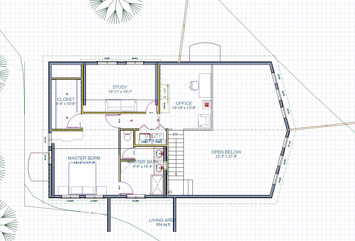 2nd floor of the house plan. Mostly the master suite and an office loft. A small study will have a pullout sleeper sofa.