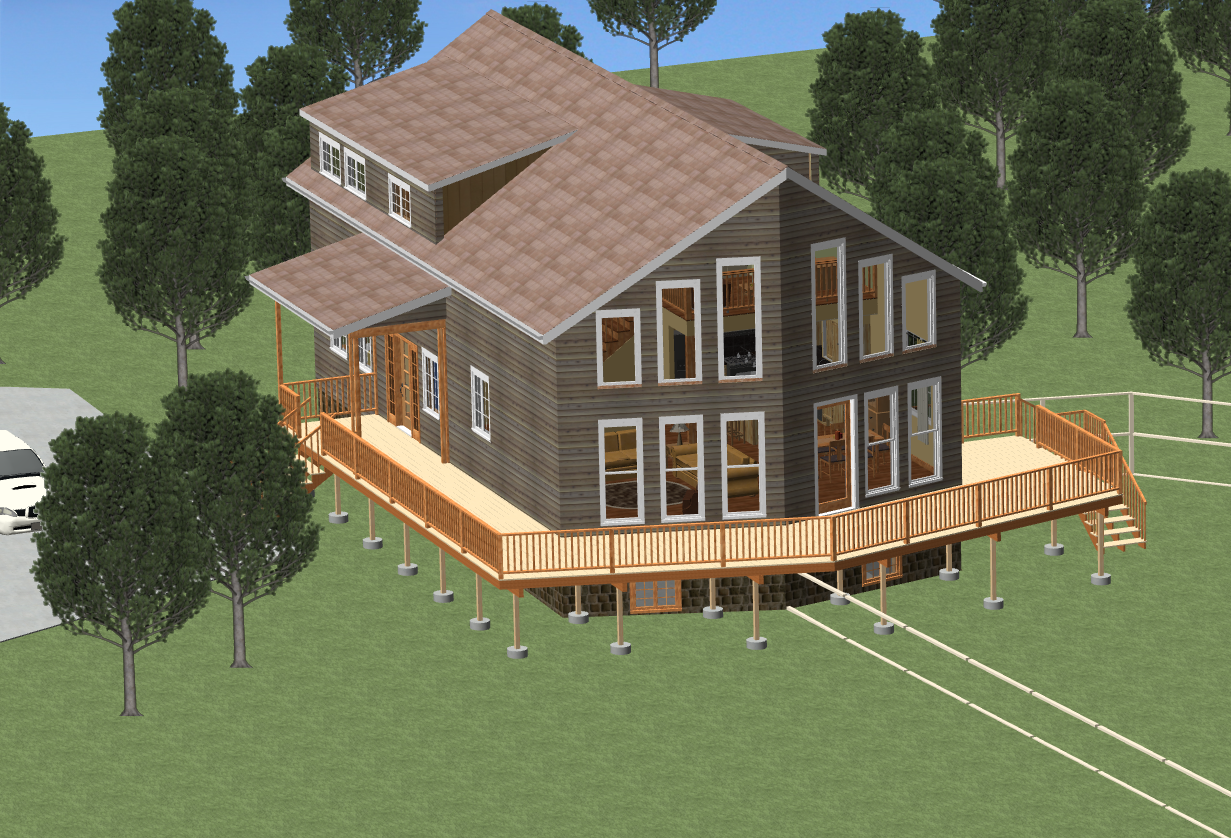 A rendering of what the house might look like when done, when seen from the south east. Note the large picture window wall and wrap around porch. And Skillet will have a fenced yard again!
