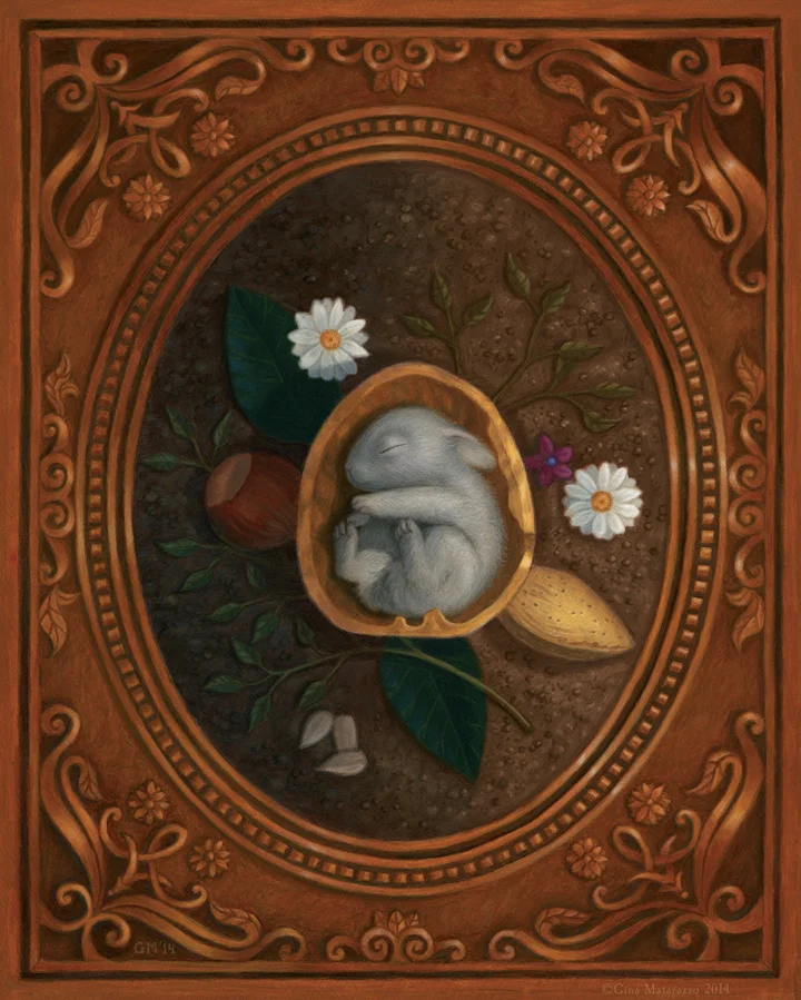     He kicks and twitches sleepily in his walnut shell –&nbsp; a very curious place to dwell...  Oil on Panel (8"x10")   SOLD   Private Collection 