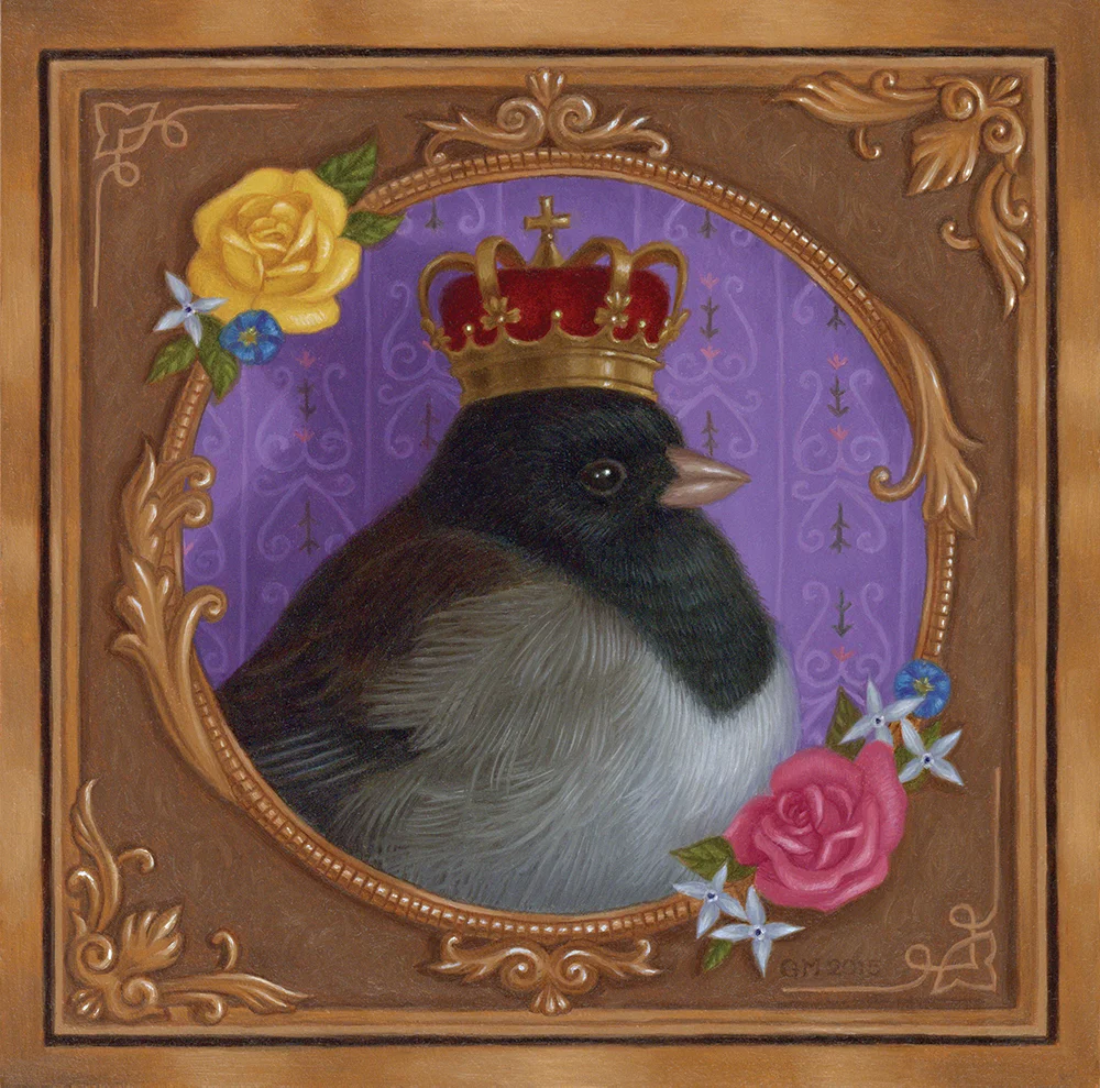     Noble, brave and kind, this King dreams of his Queen whenever his kingly pursuits part him from his beloved.   This painting was included in the  Canton Museum of Art "Dream Worlds" Exhibit  2016/17   Oil on Gessobord (6"x6")   SOLD  