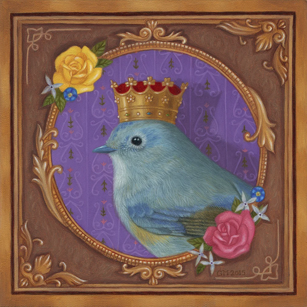     So elegant and royal, while she tweets and sings, she dreams of her beloved and noble King.  Oil on Gessobord (6"x6")   SOLD  
