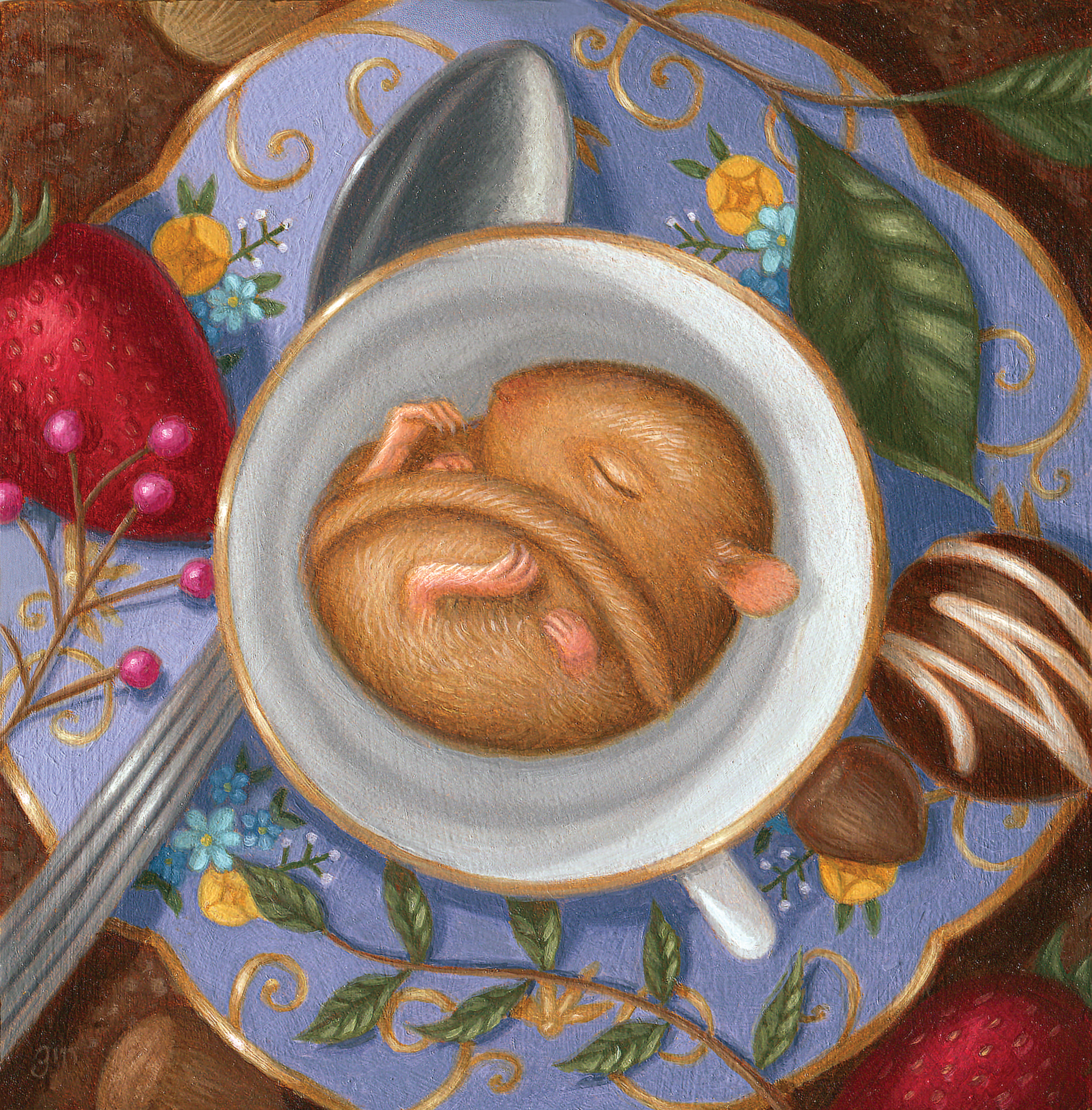  The Interlude 5”x5” (oil on cradled wood panel) Available, $400  via Abend Gallery Will be on display at the 5x5 Project III exhibition, July 7-31 2018 info@abendgallery.com  A day in the life of young Ambrose yields a most restful sleep.   