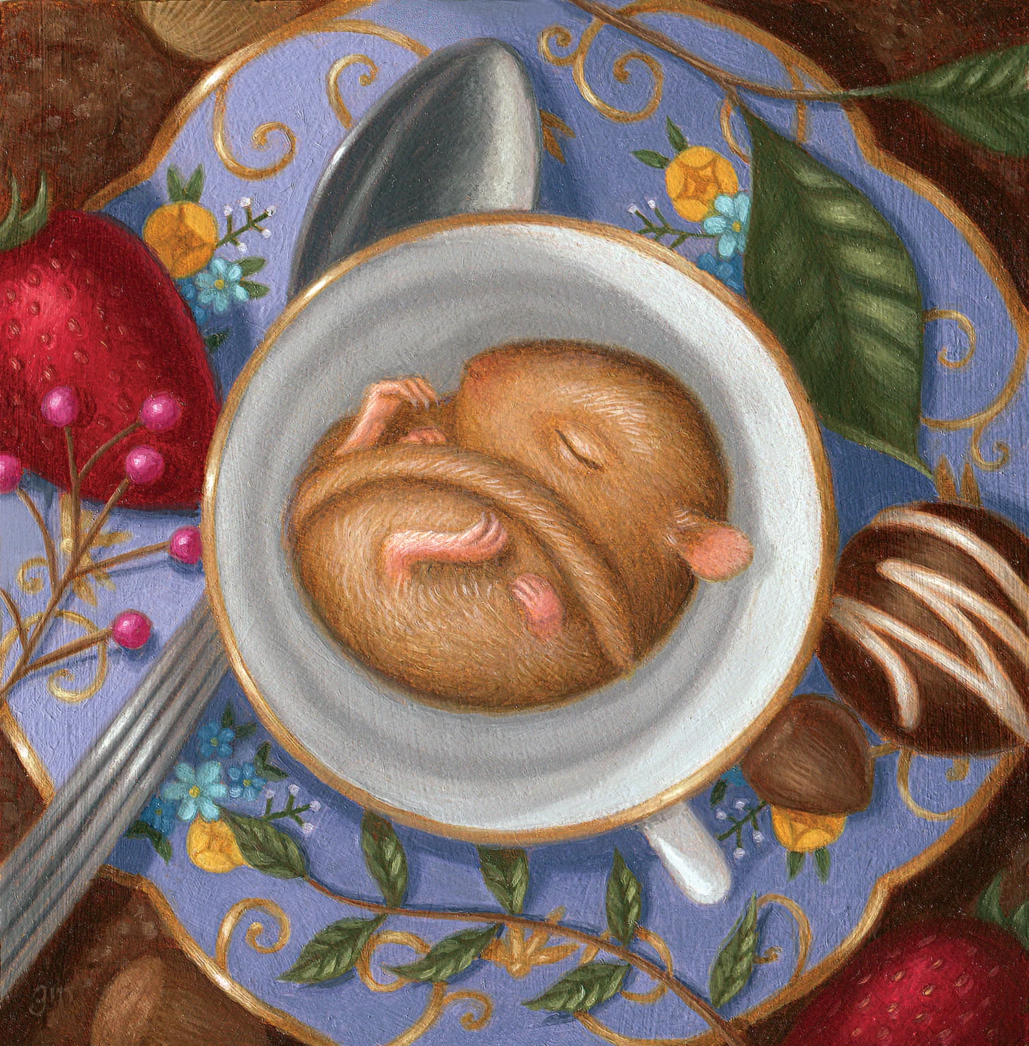  A nap most scrumptious can be had in the most unlikely of places.  Oil on wood panel, 5”x5”  SOLD  