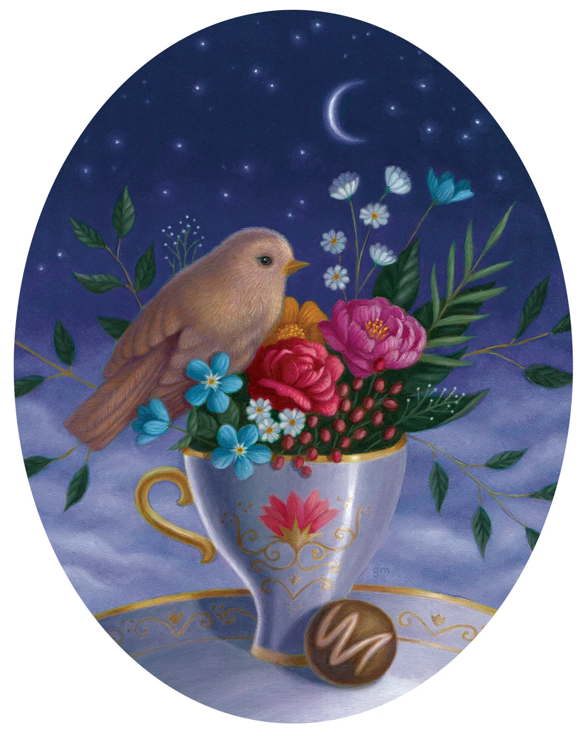  By the twinkle of starlight, there was a celestial tea. An exquisite celebration, Not meant for us to see.  (Oil on Gessoboard Panel, 8”x10”)  This painting was exhibited in the  28th Annual Holiday Miniatures Show at  Abend Gallery   ,  Nov. 3rd-Nov. 24th  2018.   $750 , framed  Inquiries, contact info@abendgallery.com 