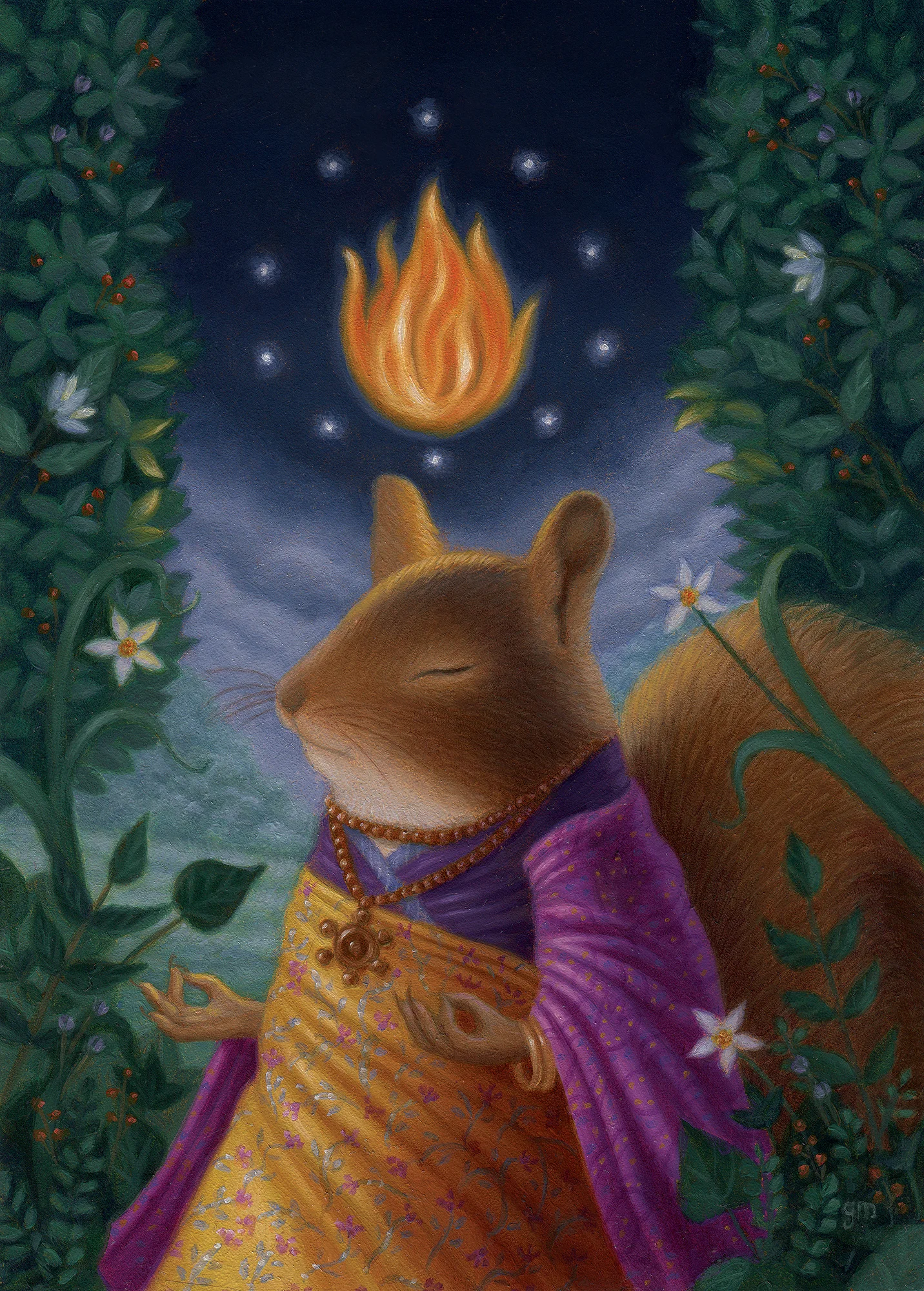  Oil on panel, 5”x7”  Squirrels truly live in the moment, in search of opportunities to seize the day. They boldly enjoy the treasures of their natural world (like your summer tomatoes) right in front of us, yet they prepare for their future by hiding food everywhere. Instinct or true wisdom? They are a reminder for us to listen to our inner intelligence and live in awareness.  This painting was available for sale and exhibited in the Haven Gallery  Elements Group Show  from May 18th-June 16th 2019.    SOLD    
