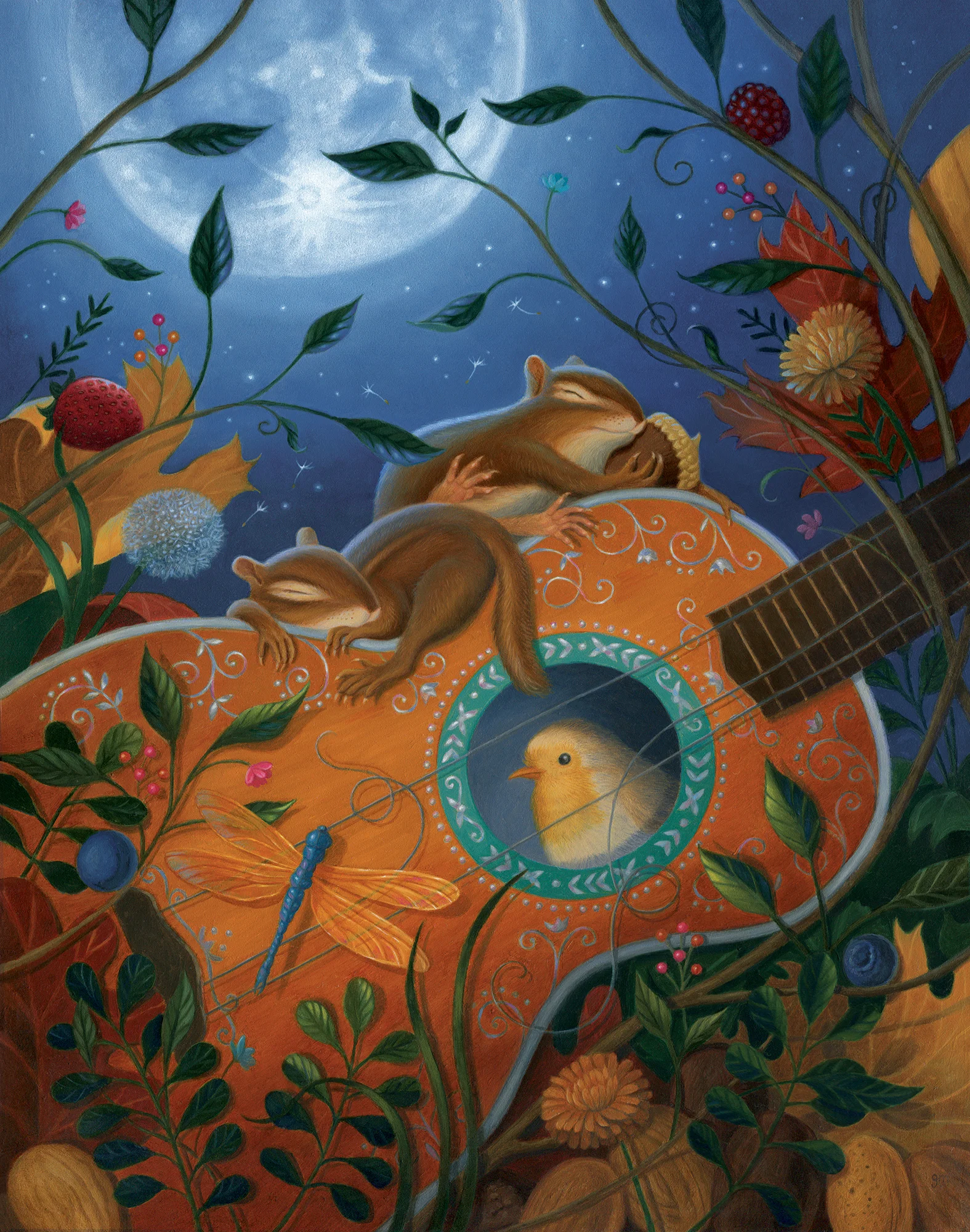  “Dandelion Dreams” Oil on Gessoboard, 14"x11"   The soft flutter of leaves and wings on the breeze do little to disturb their slumber on this lazy moonlit eve.  This painting was on display at Haven Gallery as part of their  La Lune II Group Show , August 31st to September 29th 2019.    For availability contact info@havenartgallery.com.   SOLD    