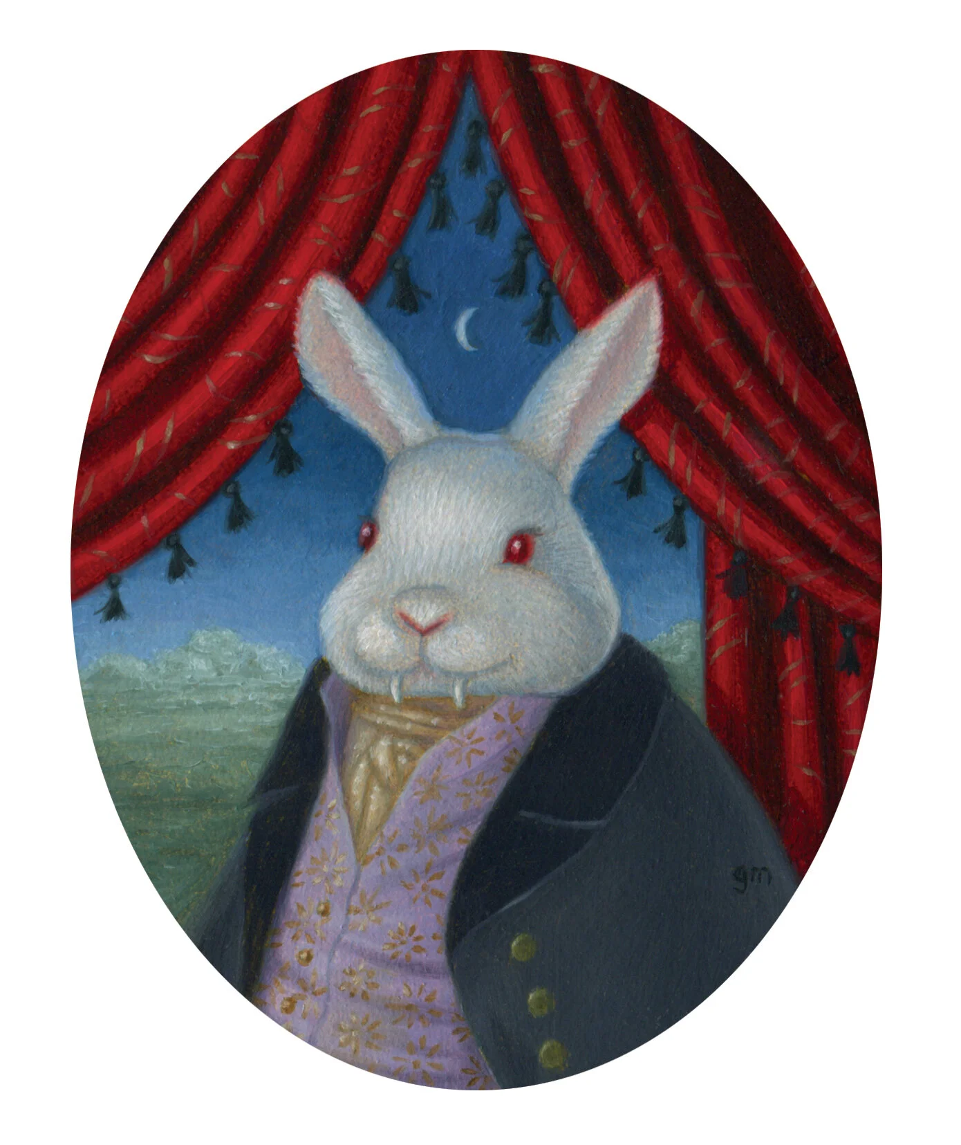  Oil on Paper, 3.25”x2.5”   Carrot juice will not sustain him. If you see him hopping toward your house don’t say I didn’t warn you!   This painting will be on display at  IX12  in Reading, PA, Oct. 23rd-27th, 2019  and will be available for sale.   SOLD  