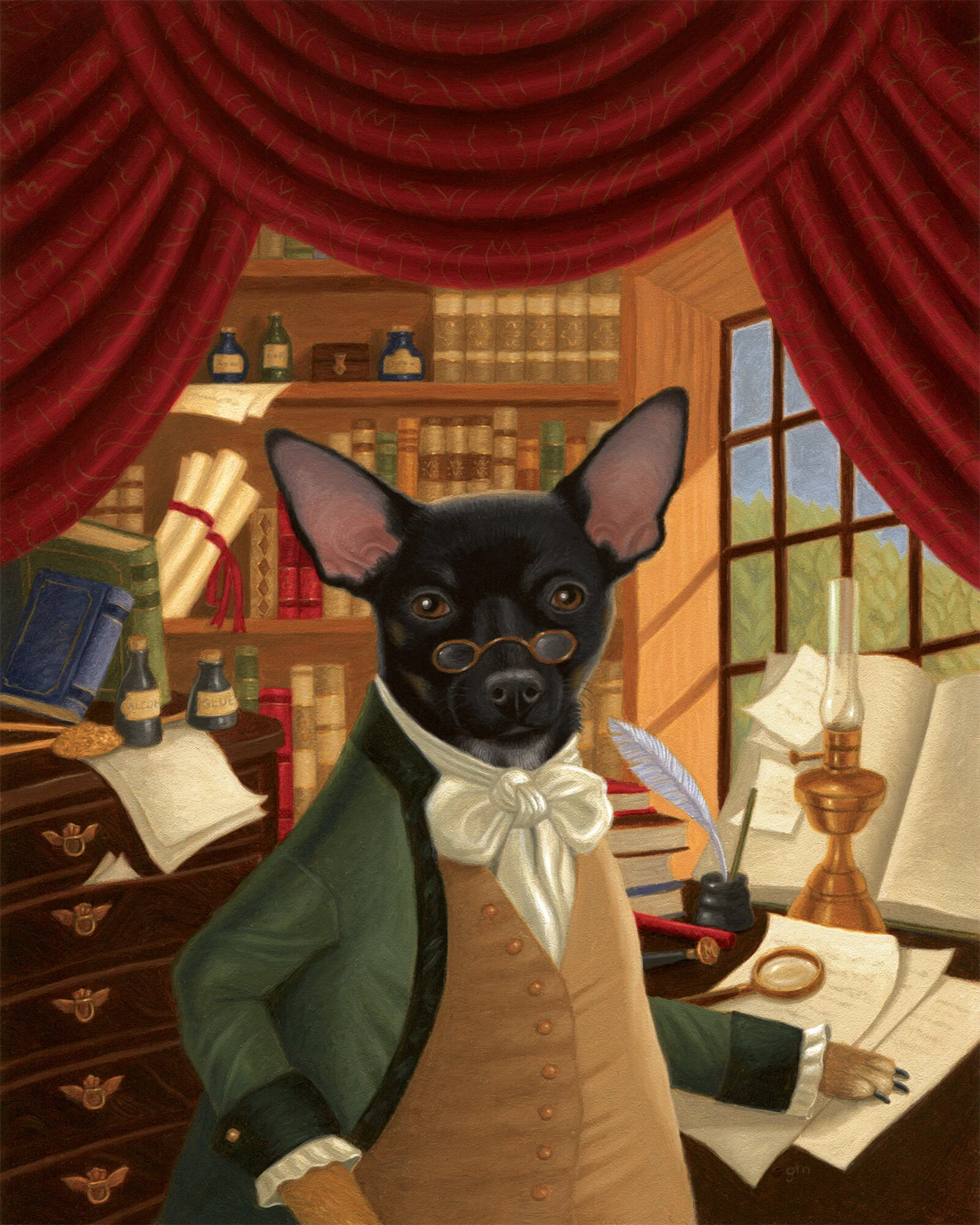  Oil on panel, 8”x10”  Professor James Moriarty, captured in a rare moment in his study while he wasn’t immersed in work.  Private Collection.   