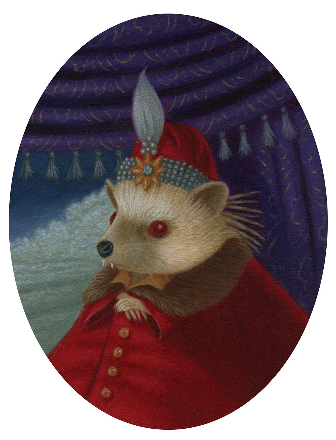  (Oil on Paper, 3.25”x 4”)   In a distant land, over hills and vales, he travels by coach to spare his Queen from his terrifying reality…the wicked beast he becomes at night.    On view at my solo show, “Enchantment,” at  Haven Gallery  in Northport, NY. October 24th-November 28th 2020.      SOLD  