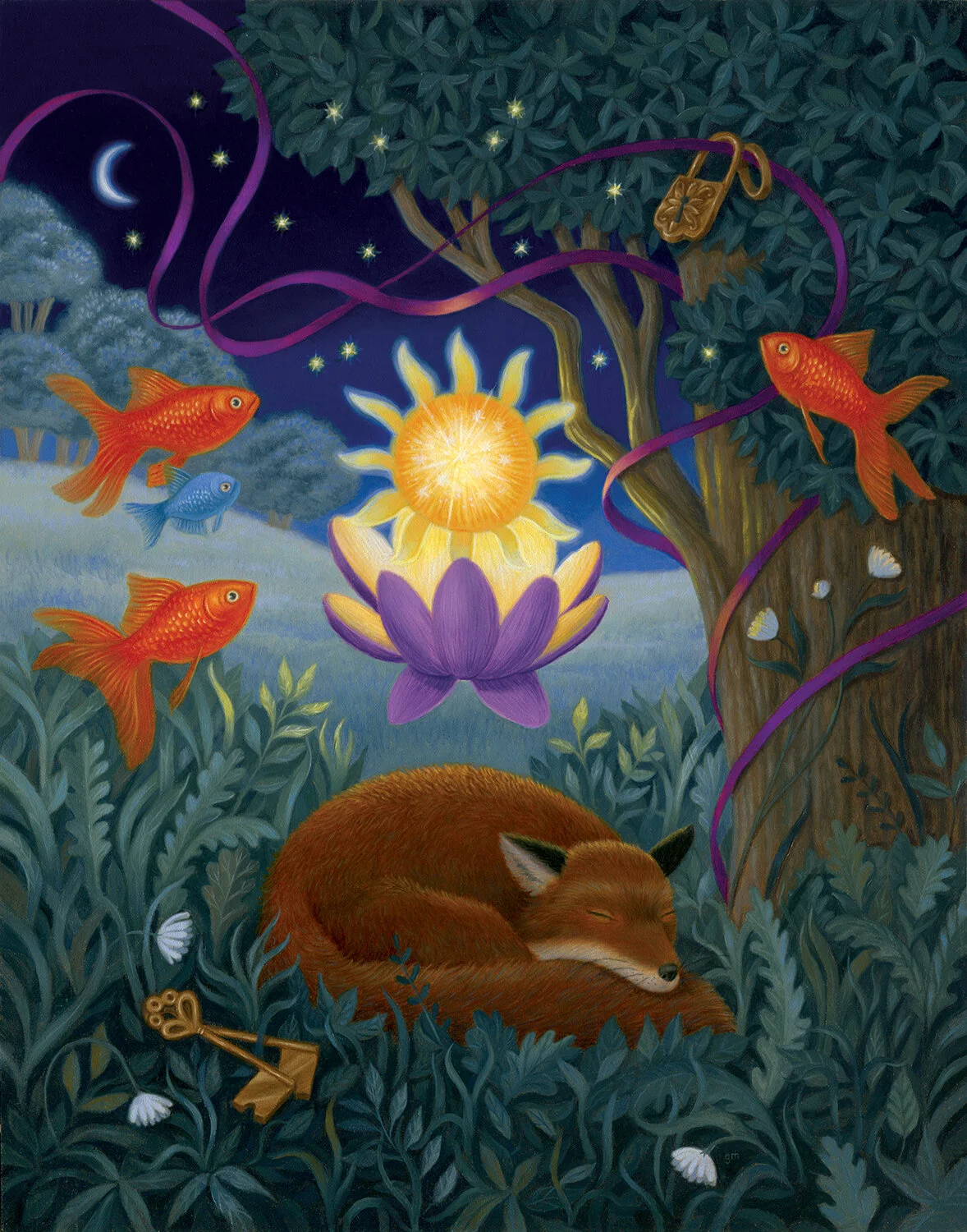   (Oil on panel, 11” x 14” )   In the forest, one unusual night, his deep meditation emanates in a ball of light.    On view at my solo show, “Enchantment,” at  Haven Gallery  in Northport, NY. October 24th-November 28th 2020.    For inquiries, contact info@havenartgallery.com.  