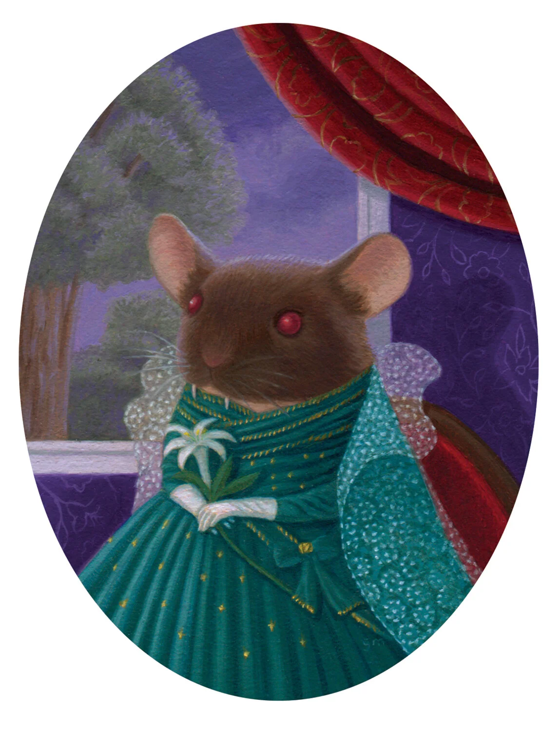  (Oil on Paper, 3.25”x 4”)   Though ‘tis a lonely life, she lives it full, on her estate and grounds in Old Transylvania.    On view at my solo show, “Enchantment,” at  Haven Gallery  in Northport, NY. October 24th-November 28th 2020.      SOLD  