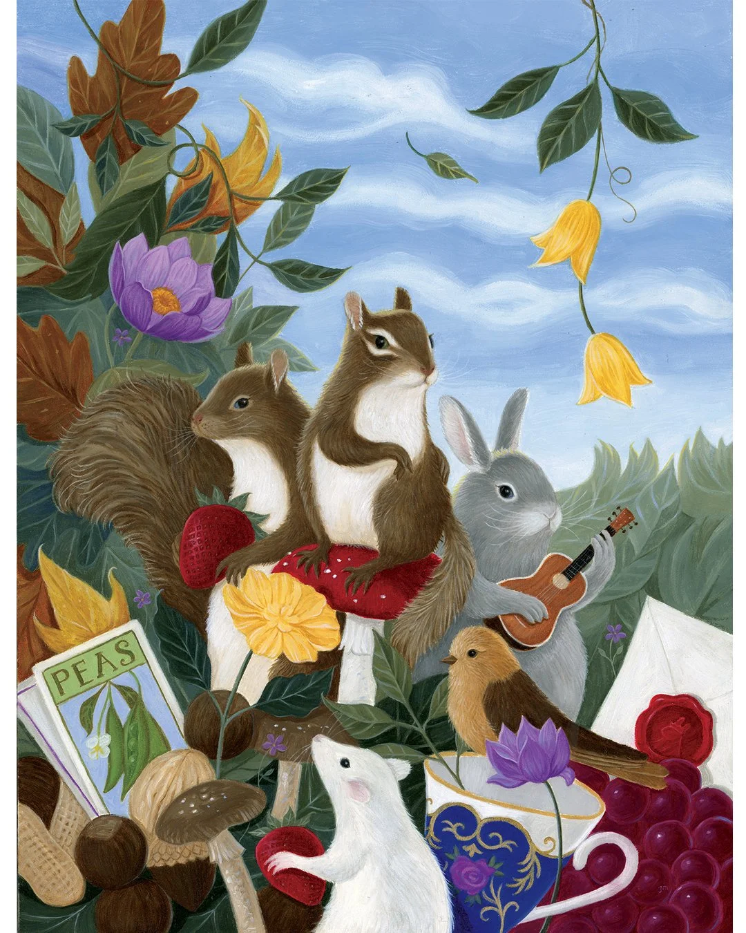  “A Fine Afternoon in Wickleford Meadow” Oil on gessoboard panel, 12”x9”  Farnsworth (our lead chipmunk) thinks foraging—like most work—can sometimes be a boring pursuit. But when you appreciate time with your good friends, have common goals, maybe a