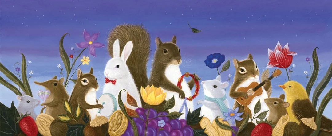  “A Merry Band of Sorts” Oil on gessoboard panel, 14.25” x5.625”  When the summer festivals loom around the corner after a long winter and unpredictable spring, you can be sure you'll see this merry band of friends traveling together, sharing songs, 